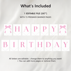 Editable Pink Bow Happy Birthday Banner, Pink Bow Printable Birthday Party, Coquette Banner First Birthday Banner, Instant Download 9156