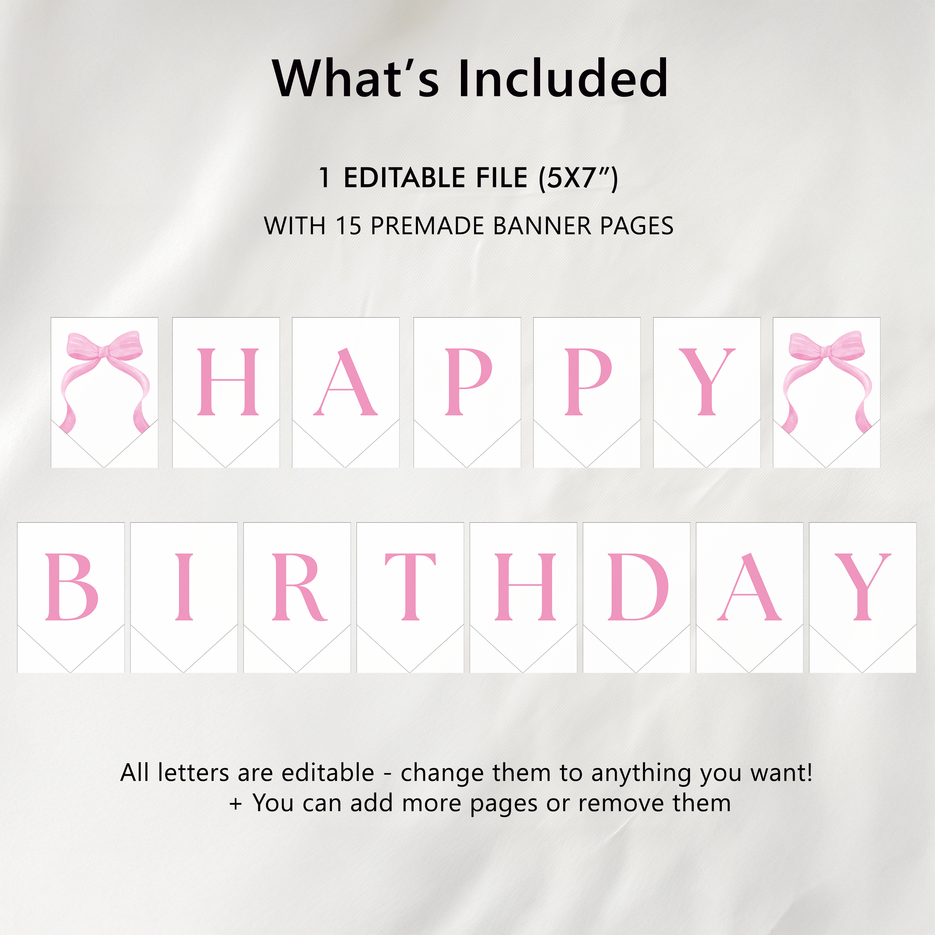 Editable Pink Bow Happy Birthday Banner, Pink Bow Printable Birthday Party, Coquette Banner First Birthday Banner, Instant Download 9156