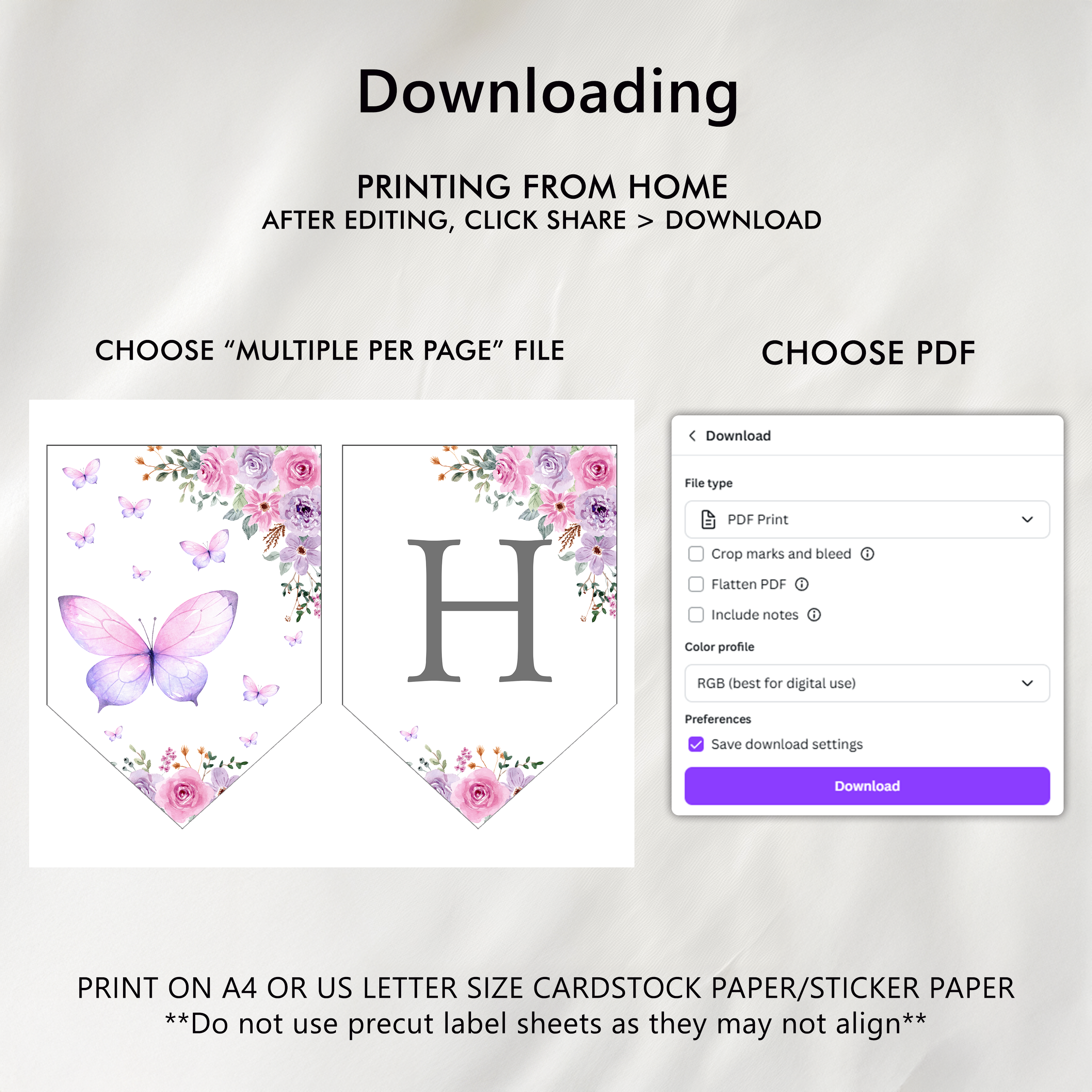 Butterfly Birthday Banner, Purple Flowers Happy Birthday Printable Banners 9194