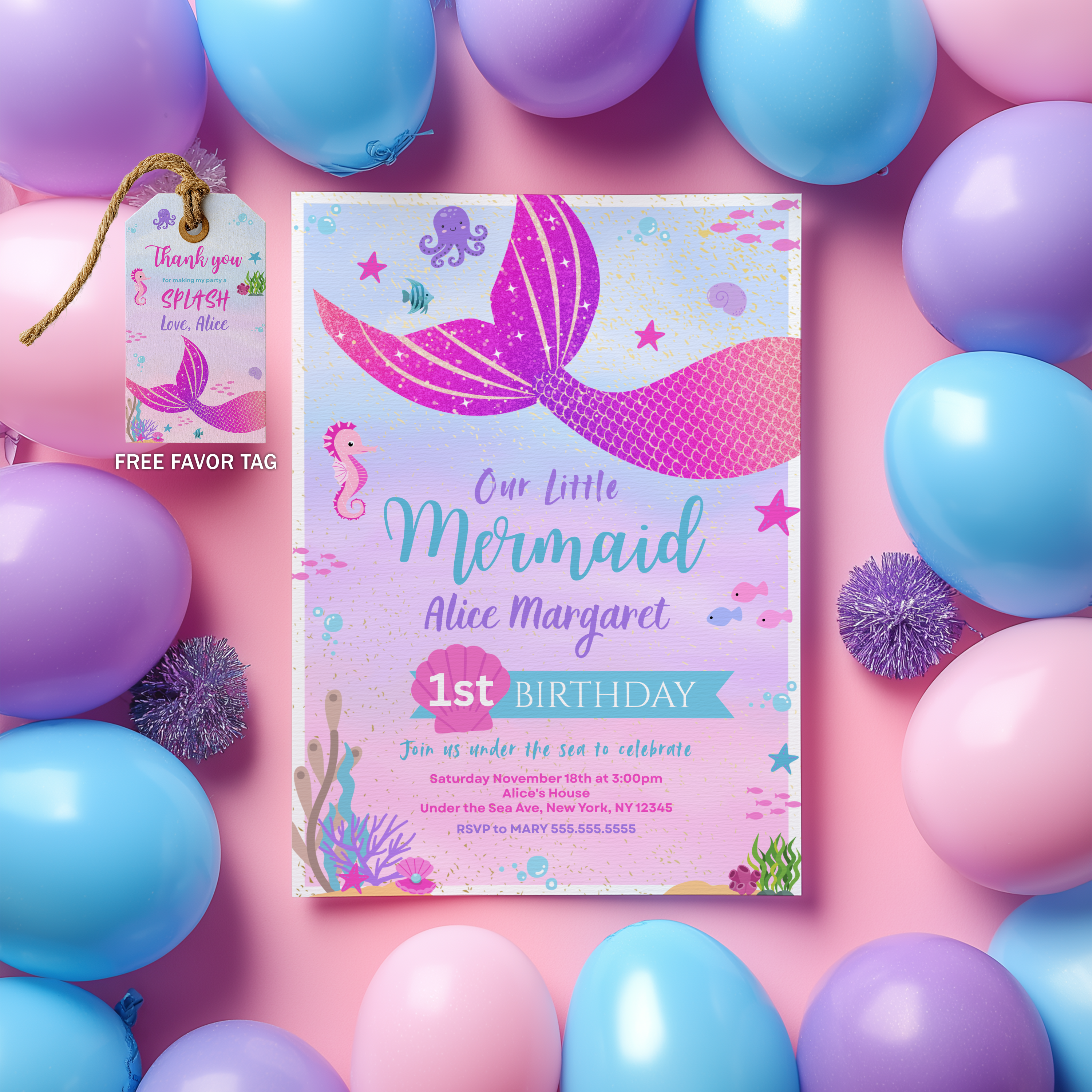 Mermaid First Birthday Invitation, Mermaid Birthday Invite, Mermaid First Birthday, 1st Birthday Girl, Mermaid 1st Birthday Invitation, 9168