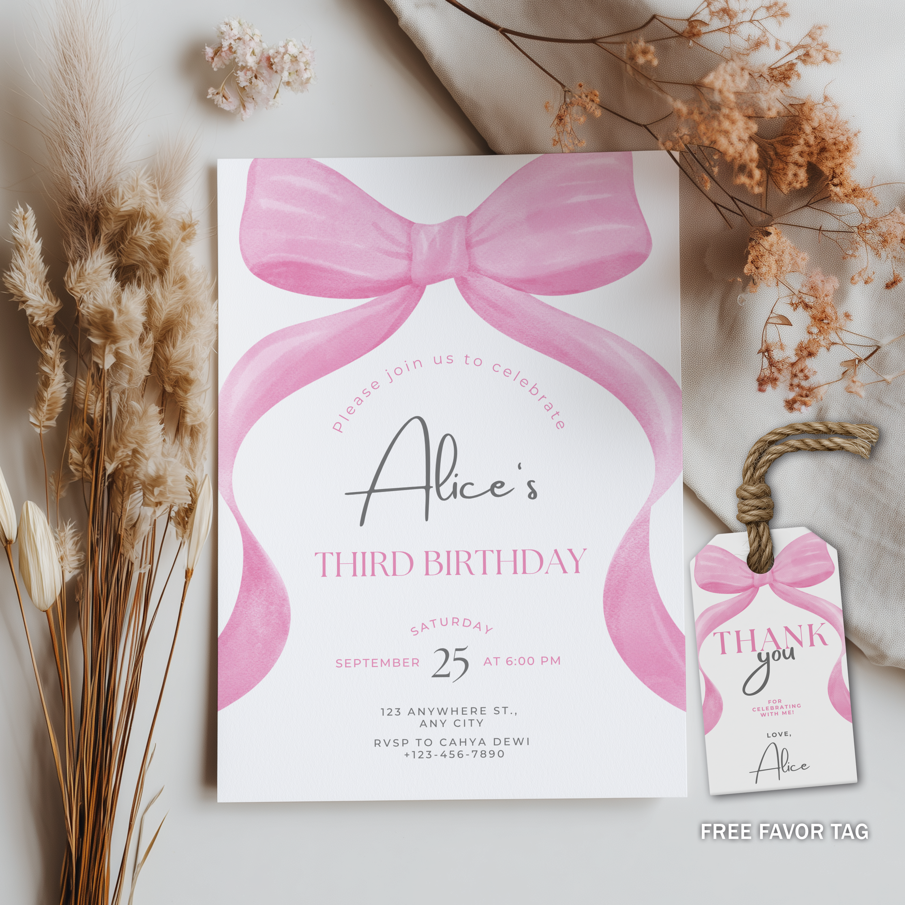 Editable Pink Bow Invitation, Pink Bow Birthday Invitations, Coquette Party Invite, Printable template download 9158