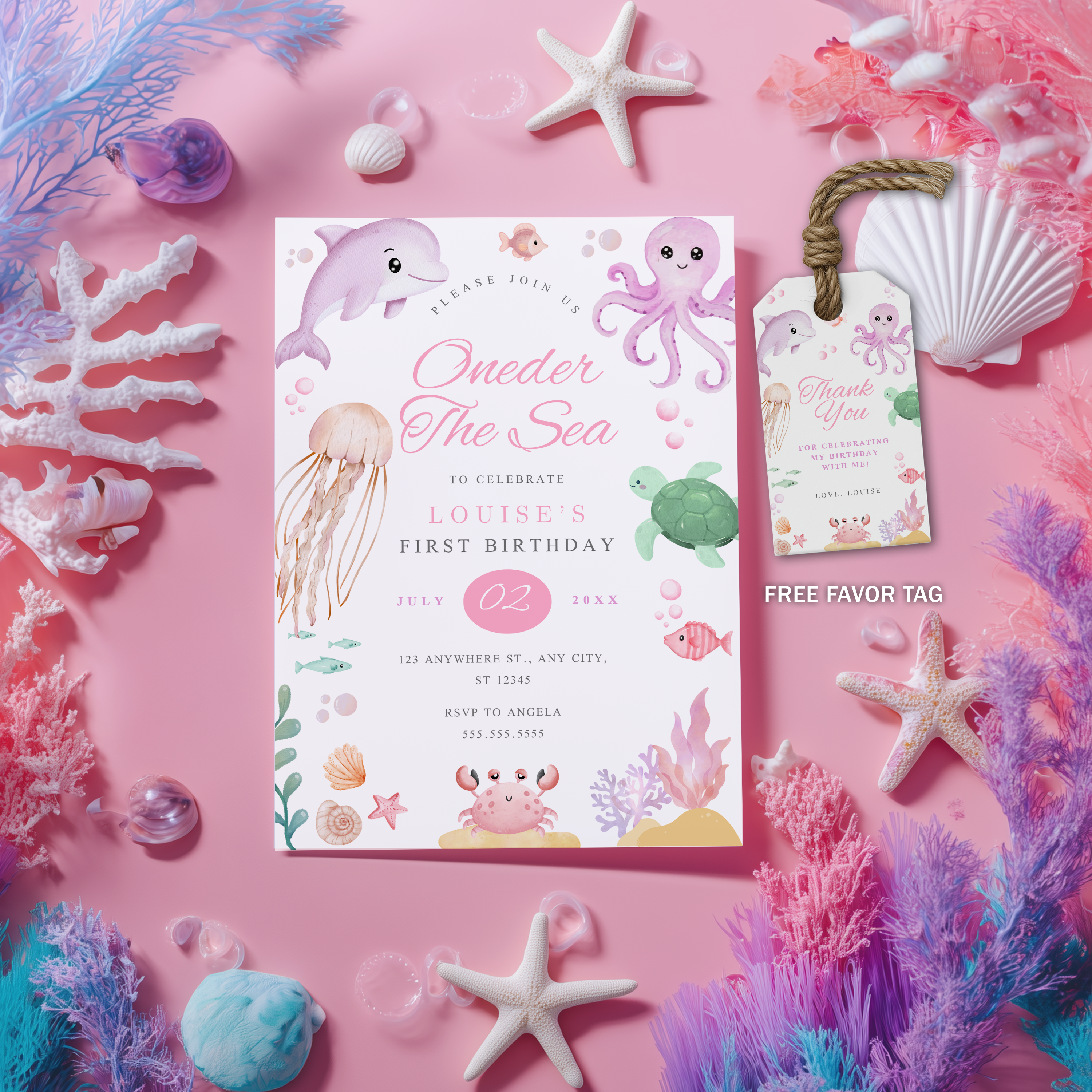 Oneder the Sea Pink Invitation Printable, 1st Birthday Under the Sea Ocean Invite 9180