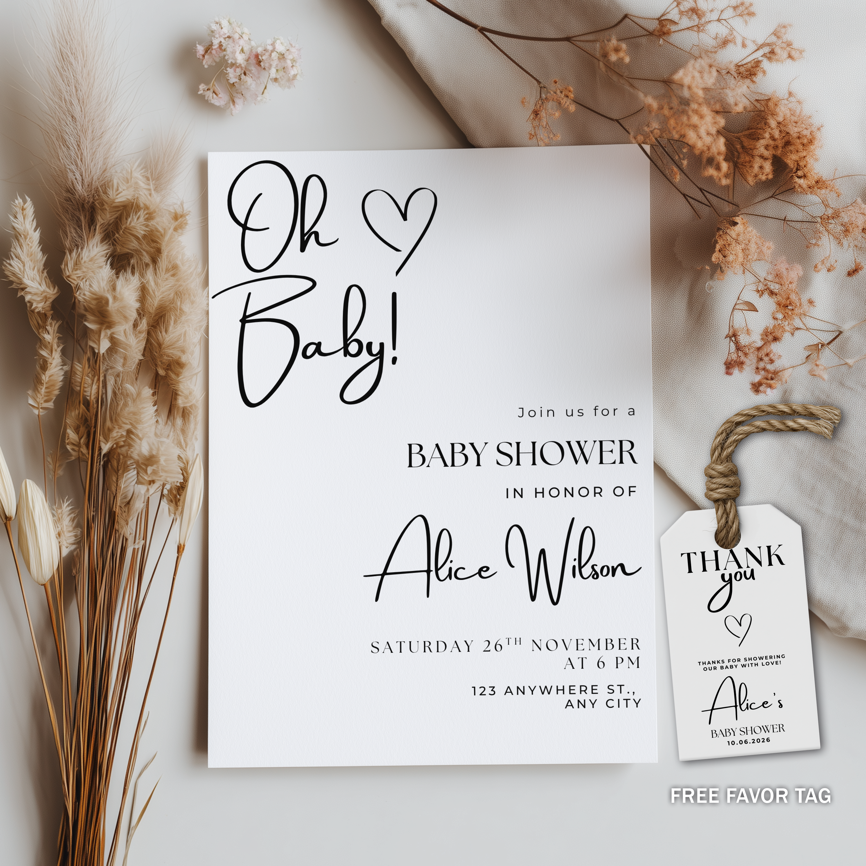 Minimalist Baby Shower Invitation, Gender Neutral, Modern Elegant Baby Party Invite 9302