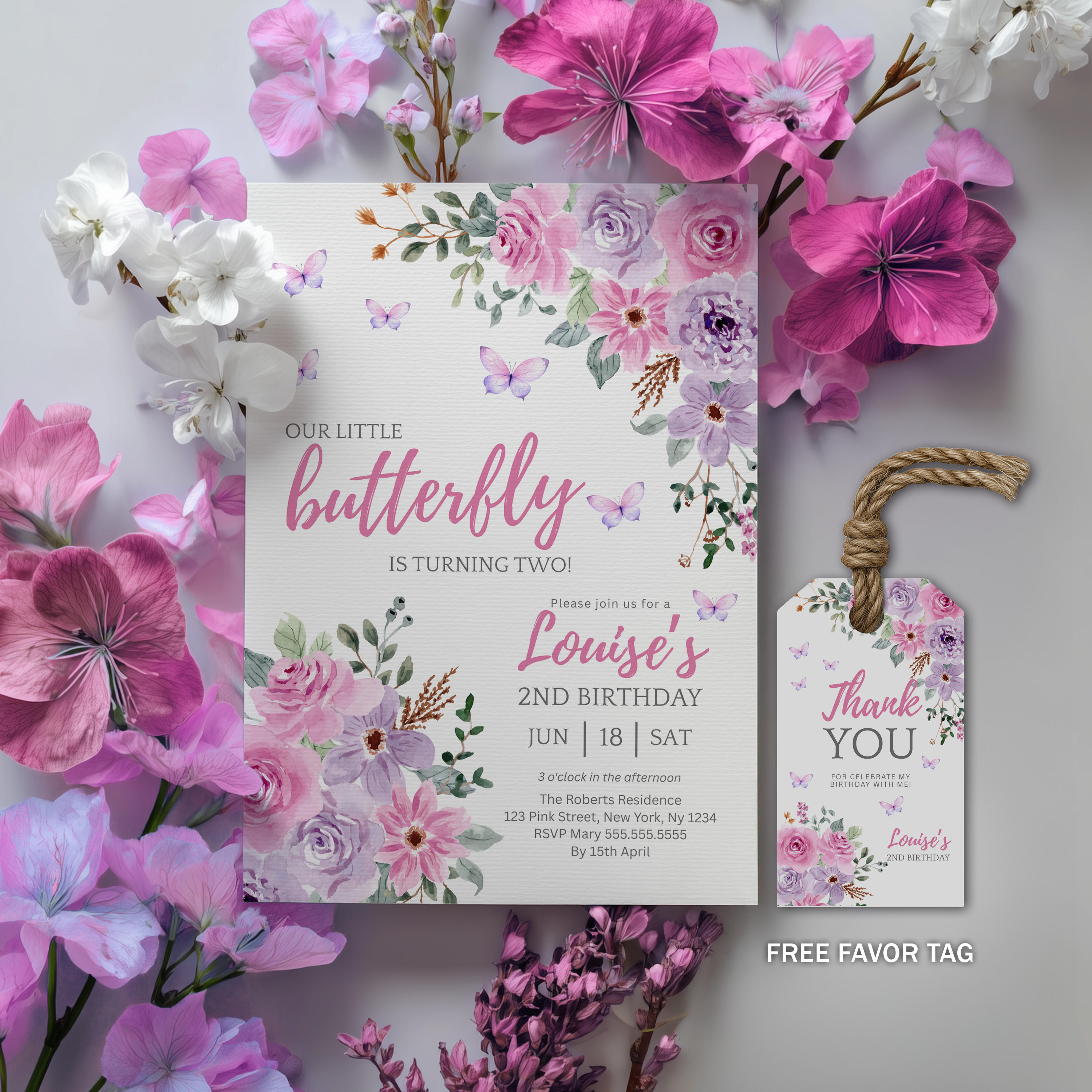 Purple Flowers Party Invitation, Butterfly Birthday Invite 9195