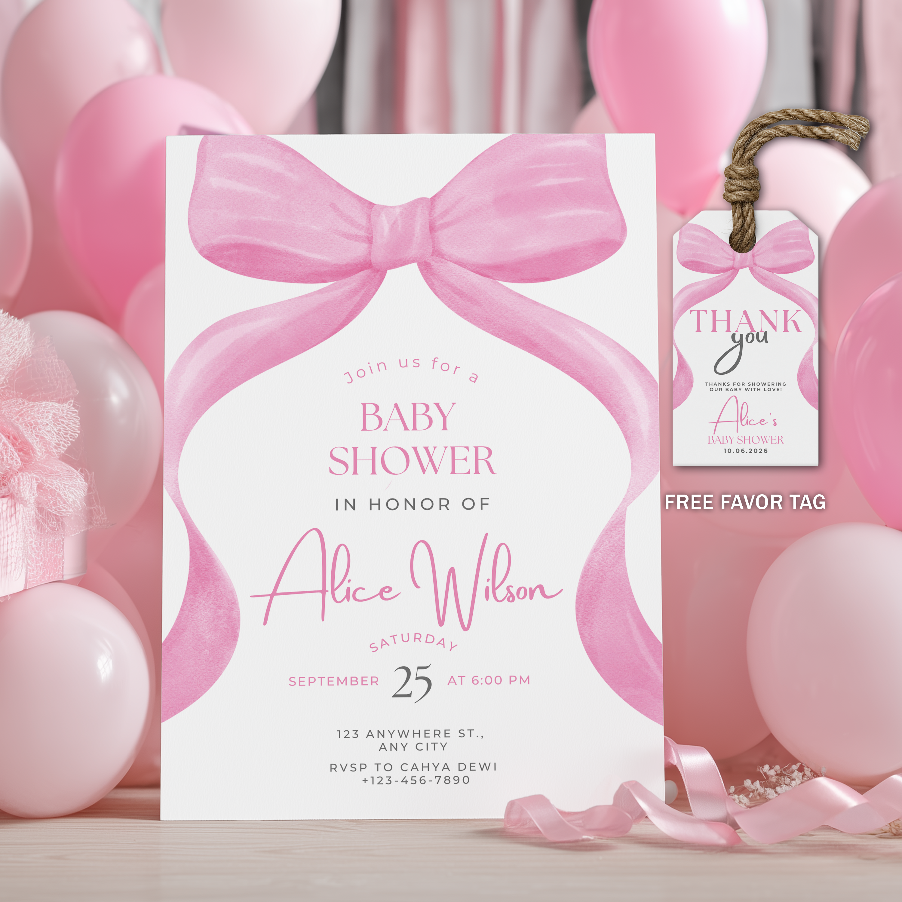 Pink Bow Baby Shower Invitation, Baby Girl, Coquette Baby Party Invite 9303