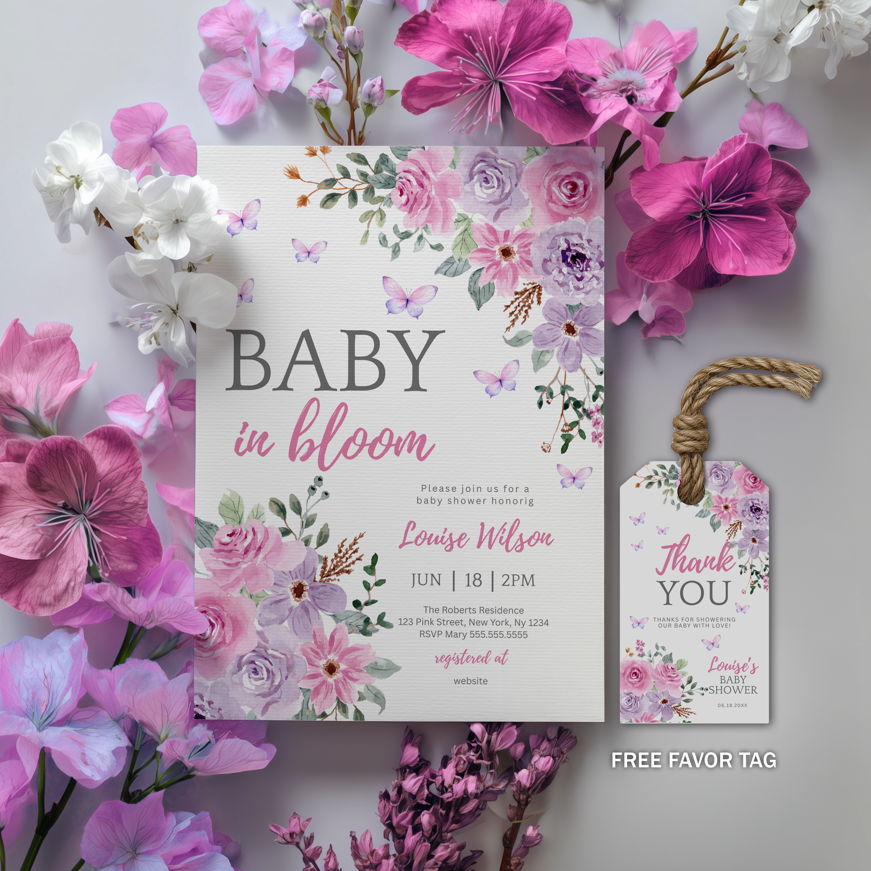Baby in Bloom Invitation, Butterfly Baby Shower Invite Girl, Pink Purple Butterflies Wildflower 9196
