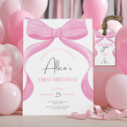 Editable First Birthday Pink Bow Invitation, 1st Birthday Pink Bow Invitations, Coquette Party Invite, Printable template download 9156