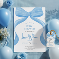 Blue bow Baby Shower Invitation, Baby Party Invite 9304