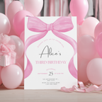 Editable Pink Bow Invitation, Pink Bow Birthday Invitations, Coquette Party Invite, Printable template download 9158