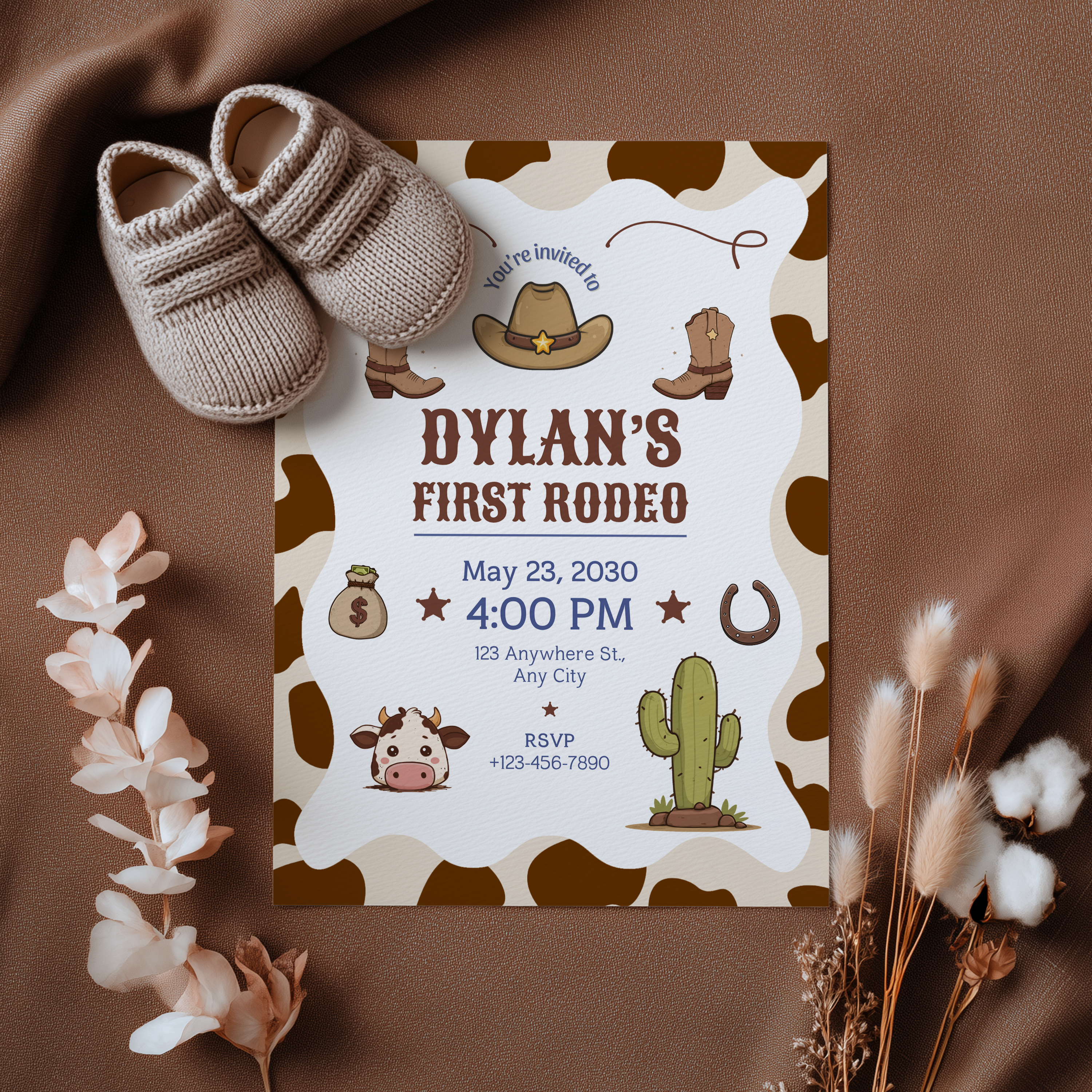 EDITABLE Cowboy First Rodeo Birthday Invitation, Cowboy Invite, Cowboy First Rodeo Birthday, Cowboy First Rodeo Party, Canva Template 8539