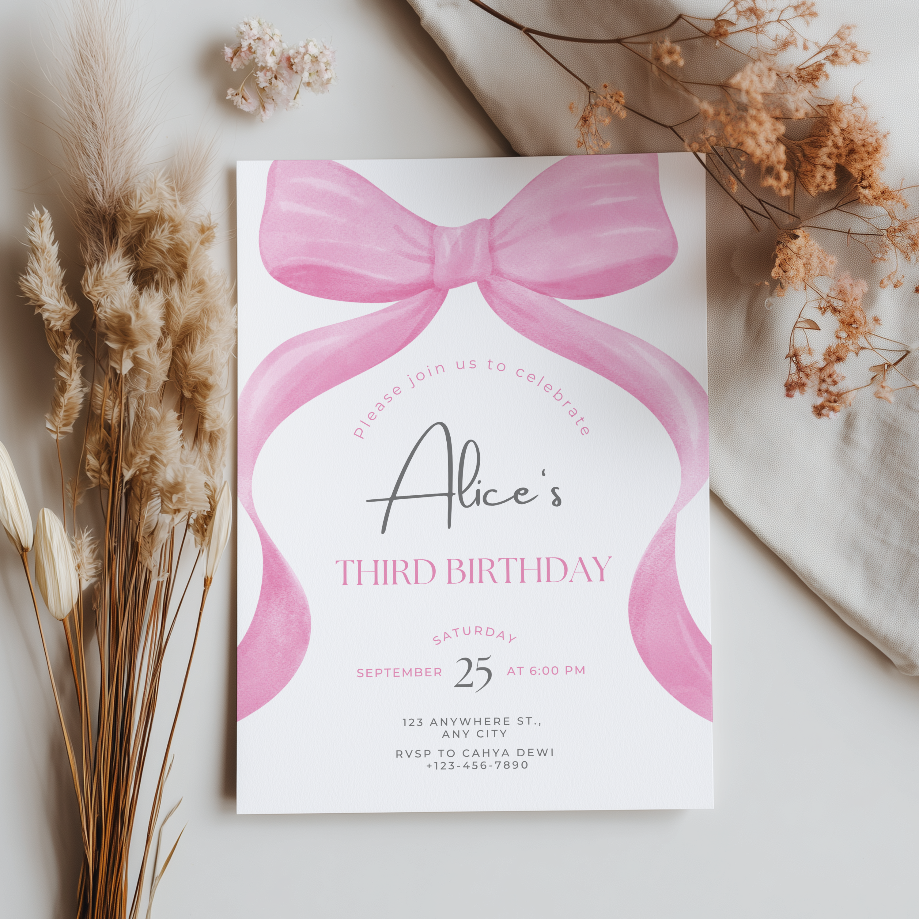 Editable Pink Bow Invitation, Pink Bow Birthday Invitations, Coquette Party Invite, Printable template download 9158