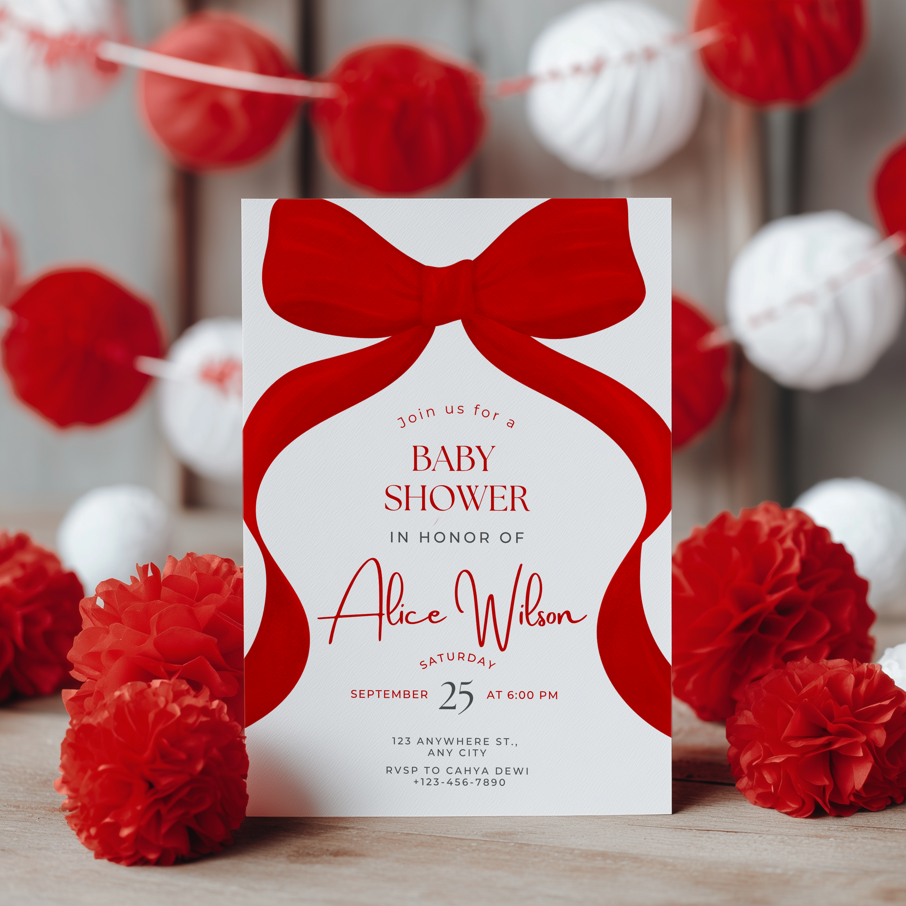 Red Bow Baby Shower Invitation, Gender Neutral Coquette Baby Party Invite 9301