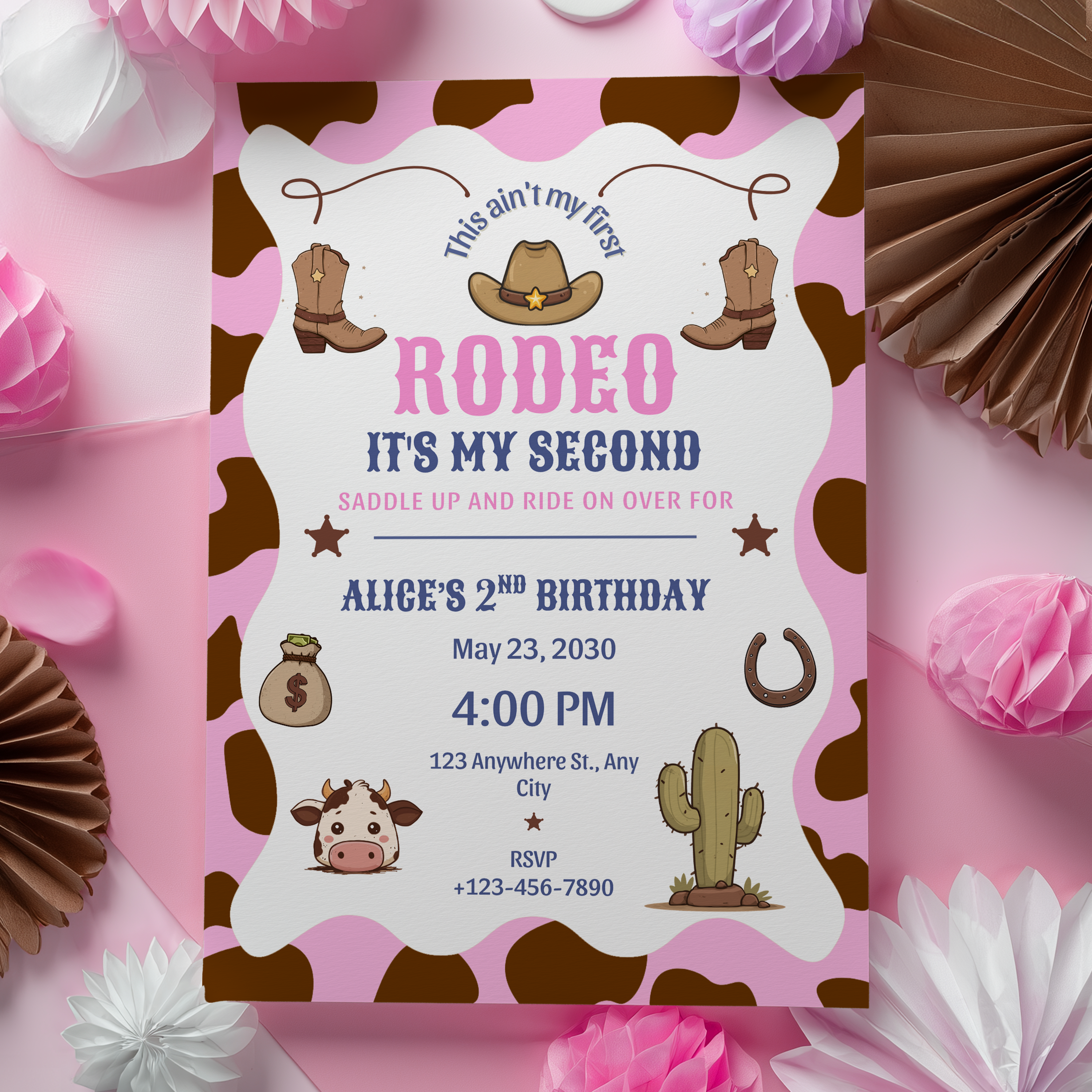 Cowgirl Invitation, Pink Second Rodeo Birthday Party Invite 9185