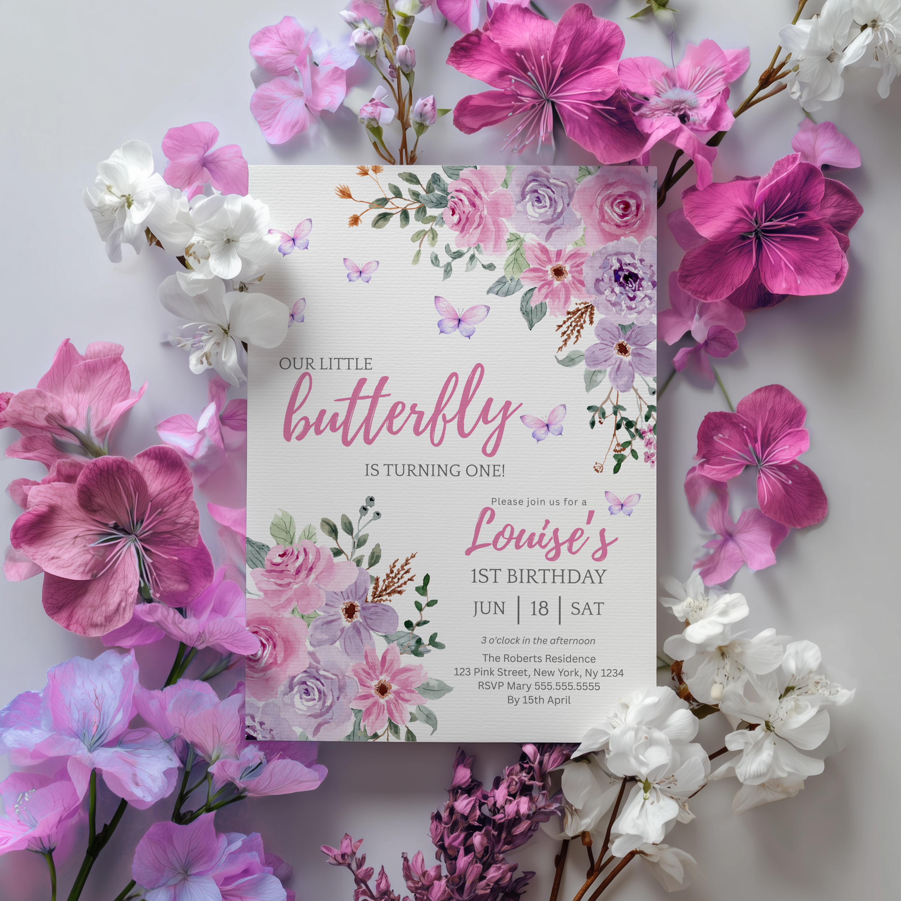 Butterfly Invitation , Purple Flowers 1st Birthday Invite 9194