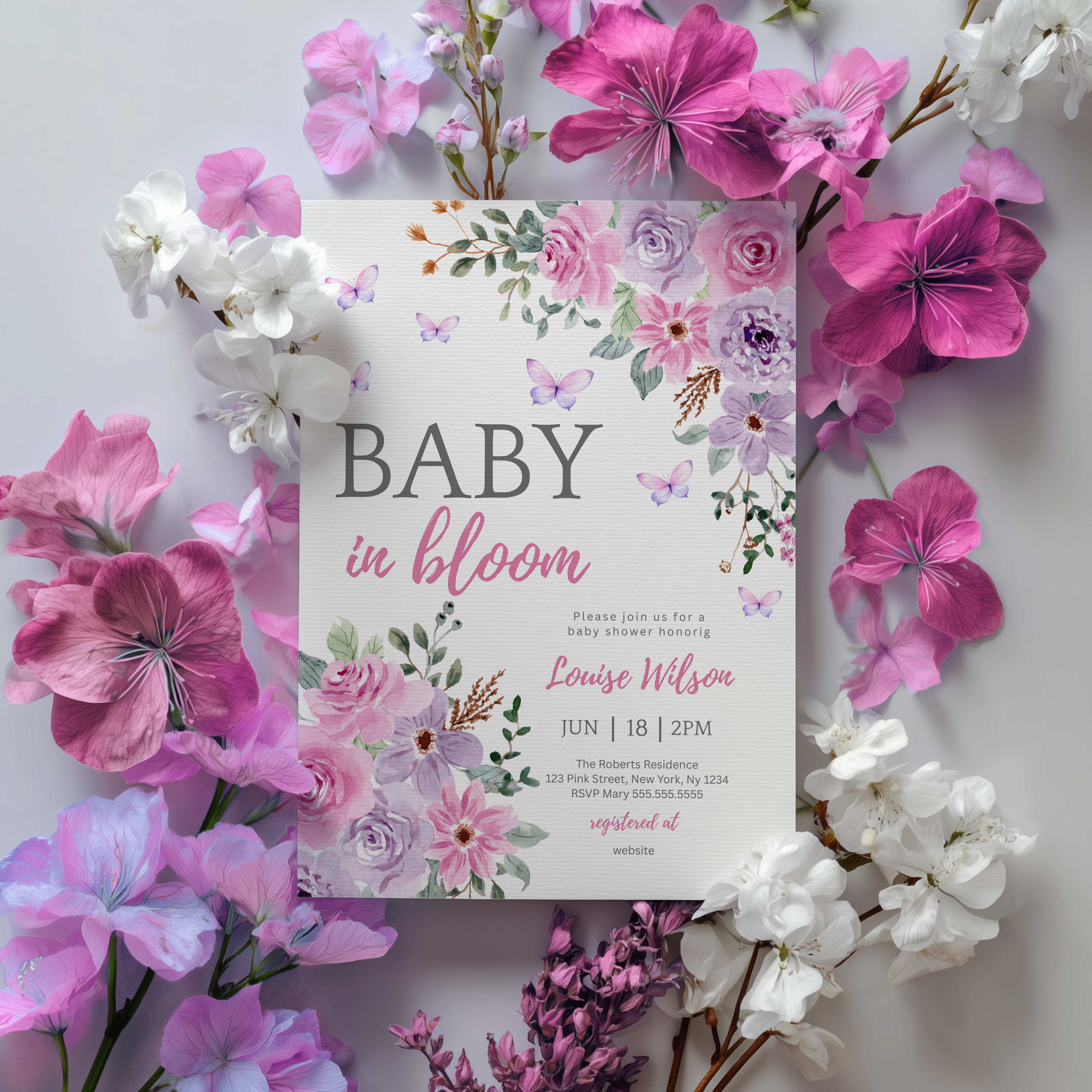 Baby in Bloom Invitation, Butterfly Baby Shower Invite Girl, Pink Purple Butterflies Wildflower 9196