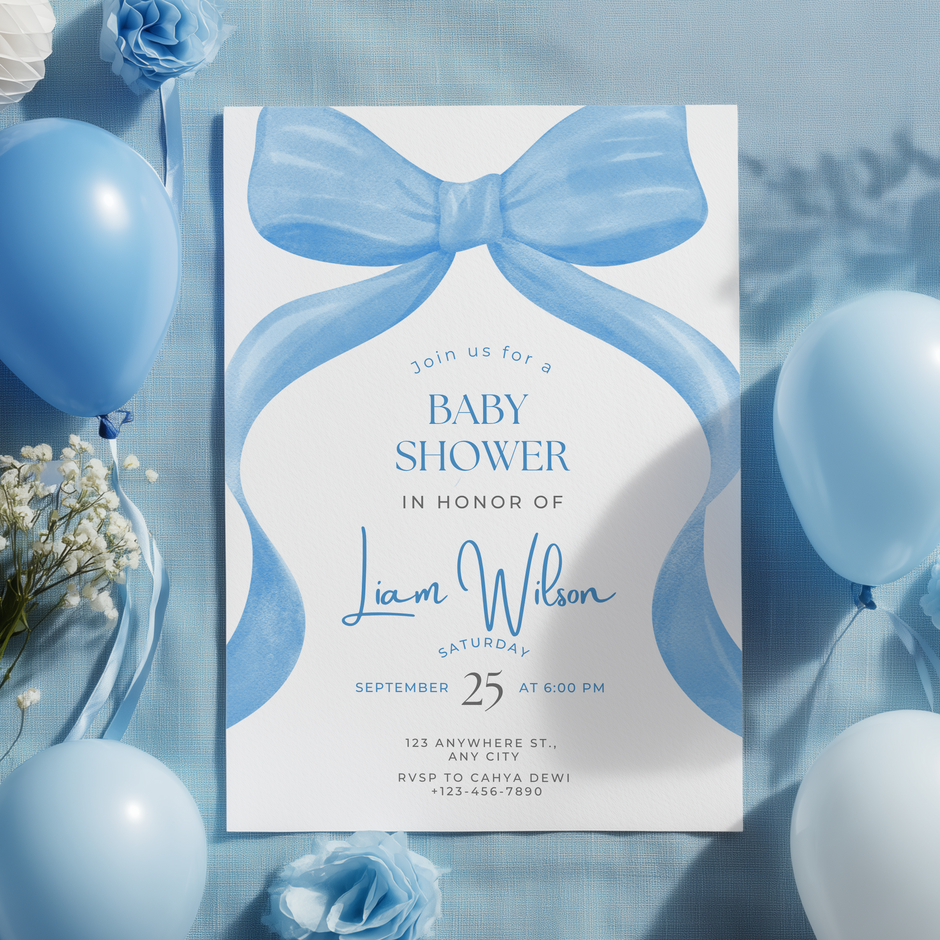 Blue bow Baby Shower Invitation, Baby Party Invite 9304