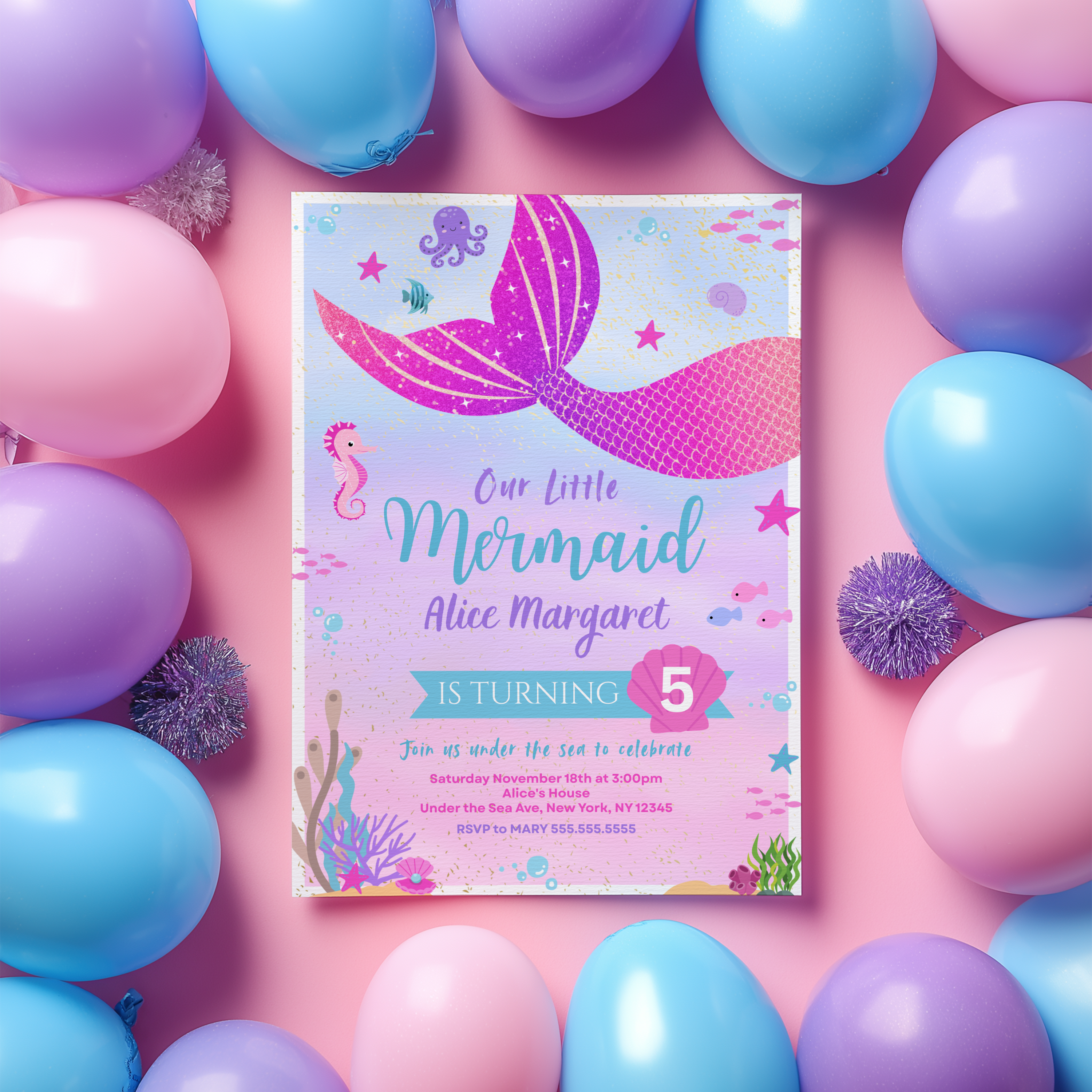 Mermaid Birthday Invitation, Under the Sea Birthday Invitation, Mermaid Party Decoration, Mermaid Invitation Template 9167
