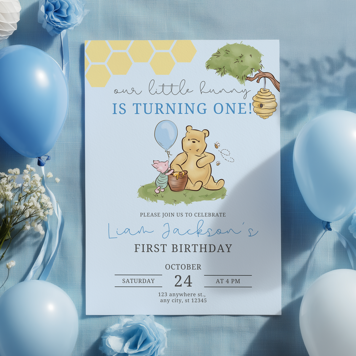 Blue Winnie the Pooh Birthday Decorations, 1st Party Bundle, Printable Party Set
