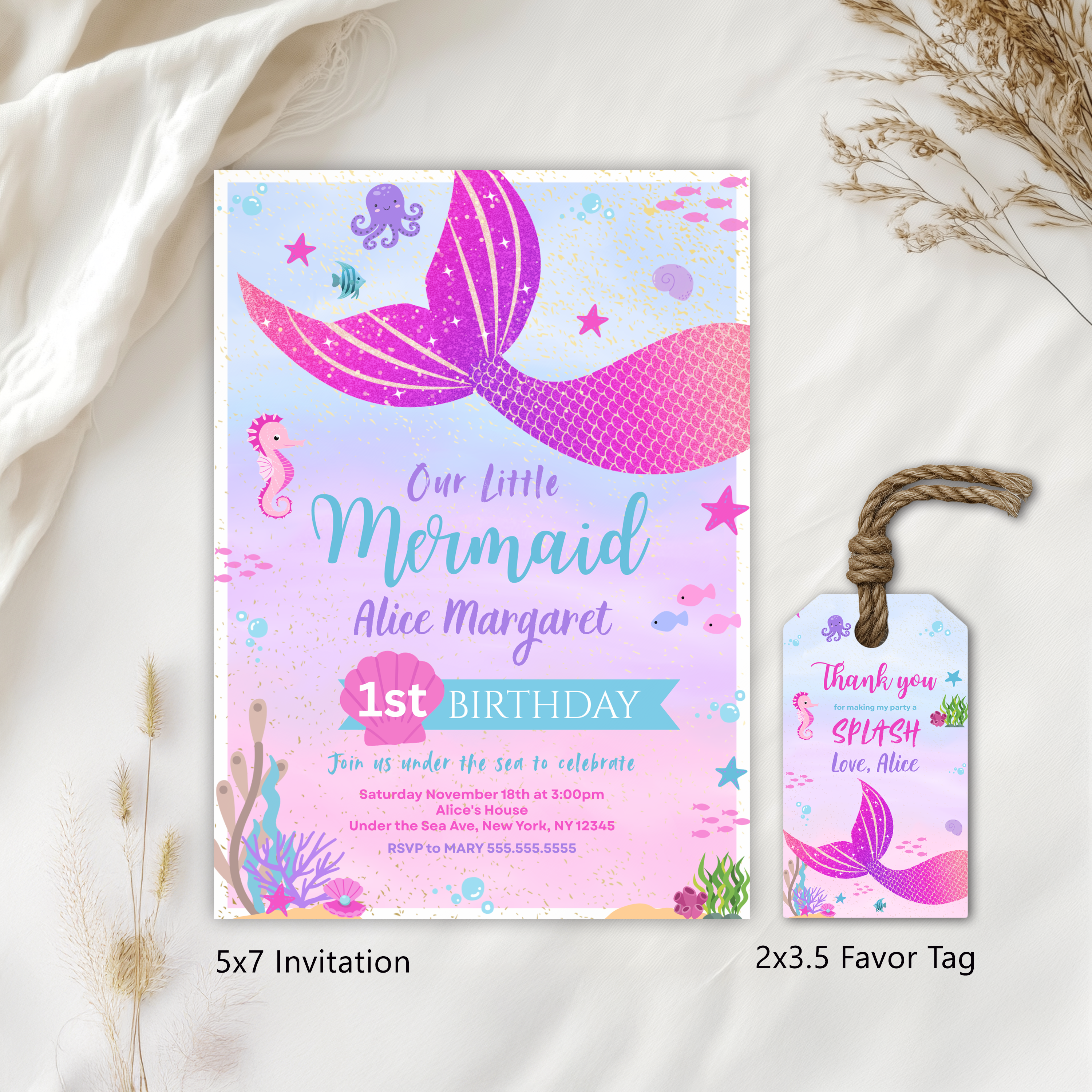 Mermaid First Birthday Invitation, Mermaid Birthday Invite, Mermaid First Birthday, 1st Birthday Girl, Mermaid 1st Birthday Invitation, 9168