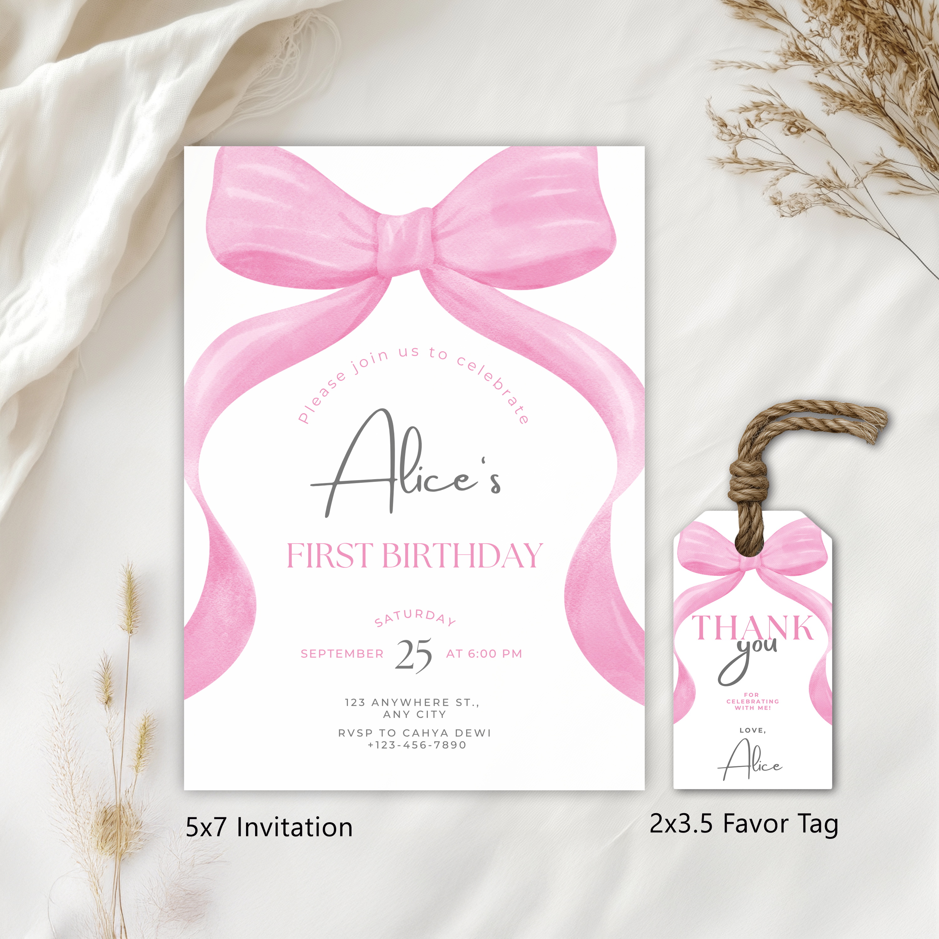 Editable First Birthday Pink Bow Invitation, 1st Birthday Pink Bow Invitations, Coquette Party Invite, Printable template download 9156
