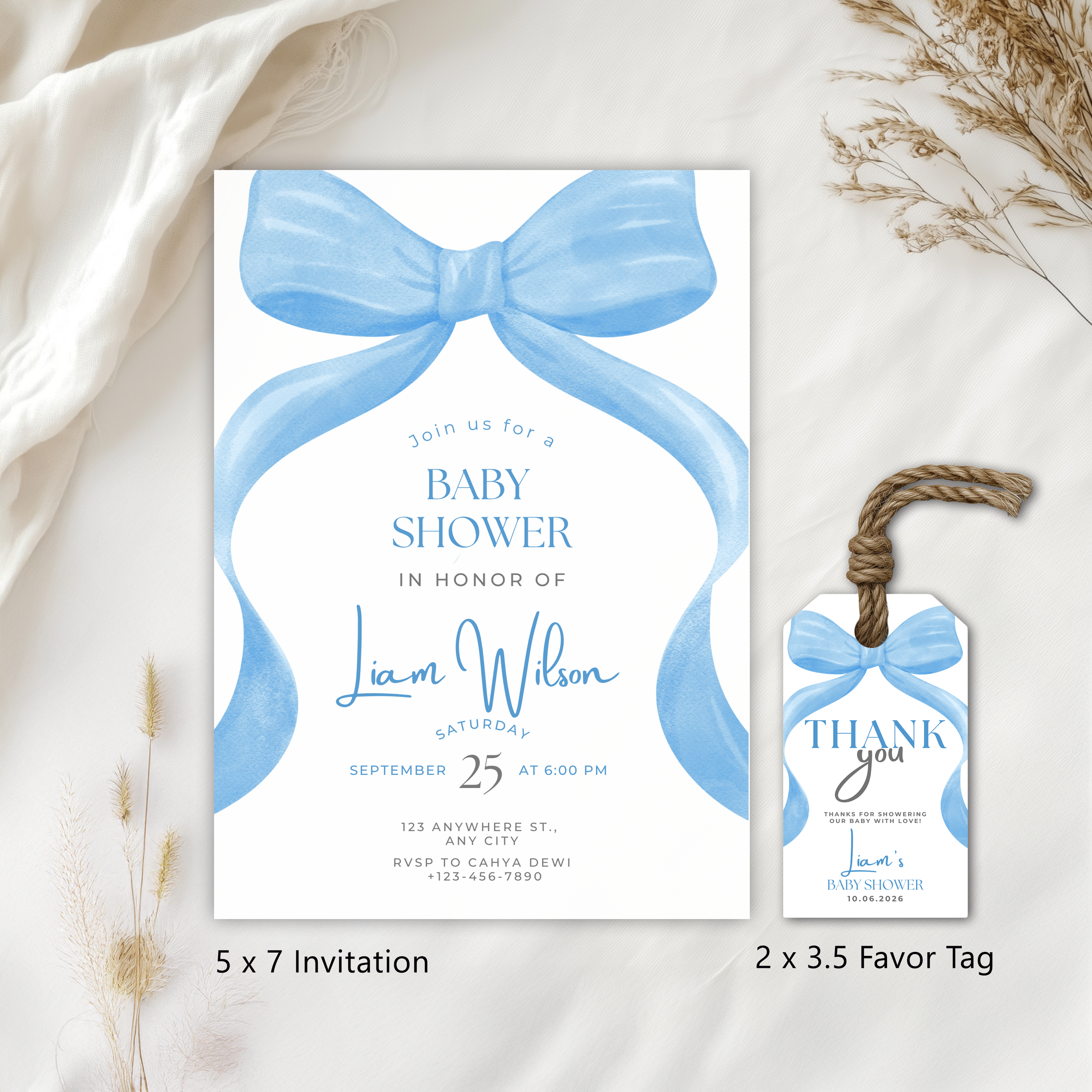 Blue bow Baby Shower Invitation, Baby Party Invite 9304