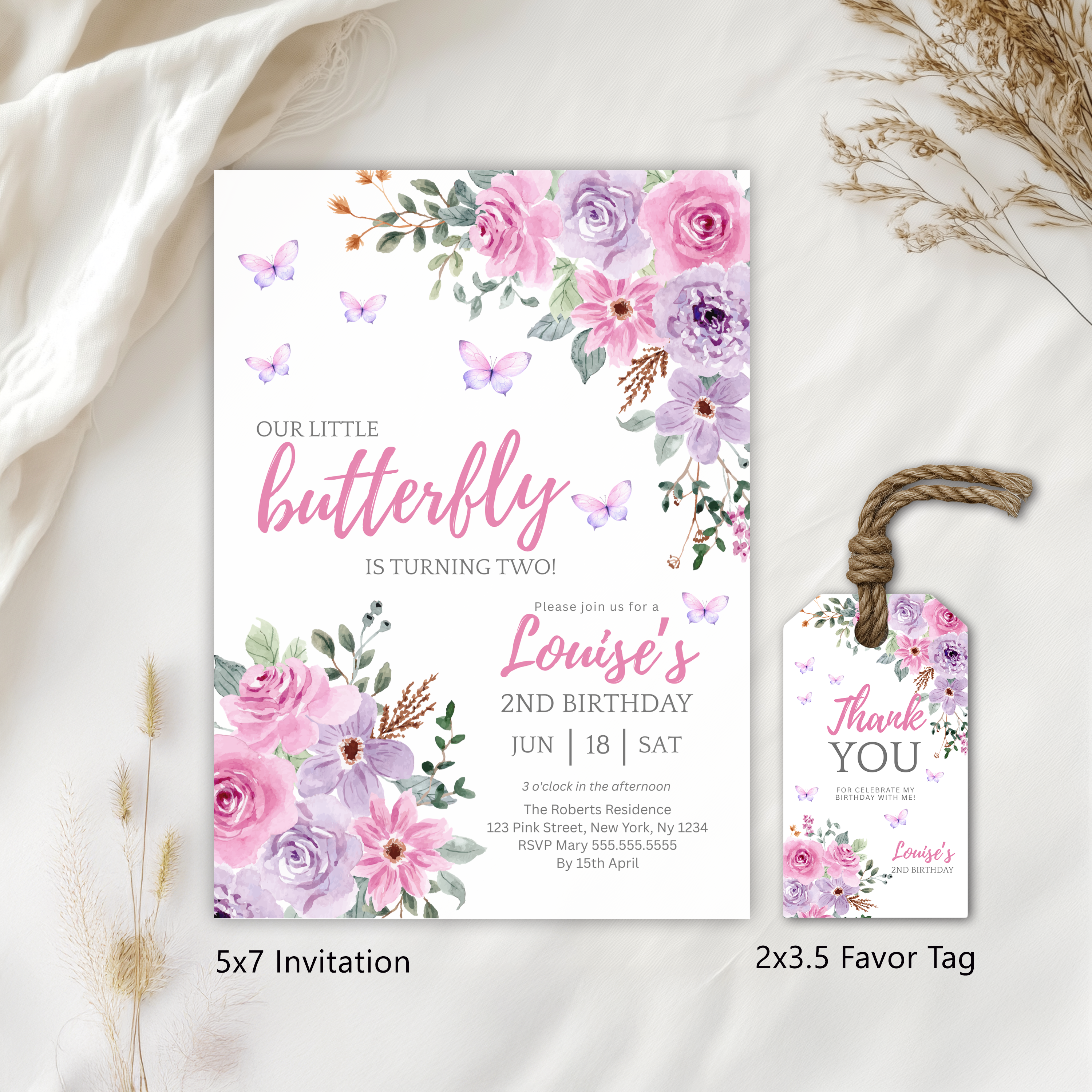 Purple Flowers Party Invitation, Butterfly Birthday Invite 9195