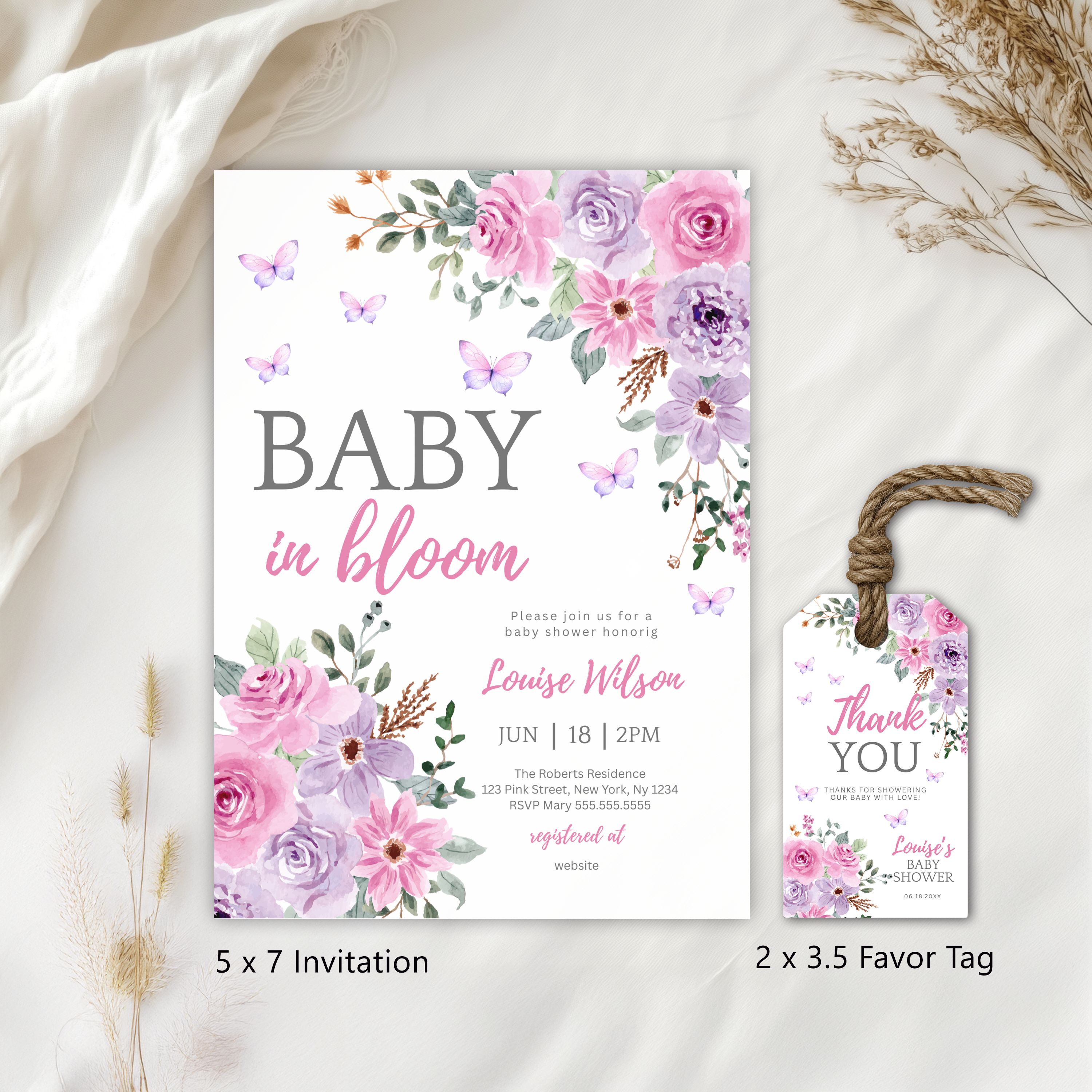 Baby in Bloom Invitation, Butterfly Baby Shower Invite Girl, Pink Purple Butterflies Wildflower 9196