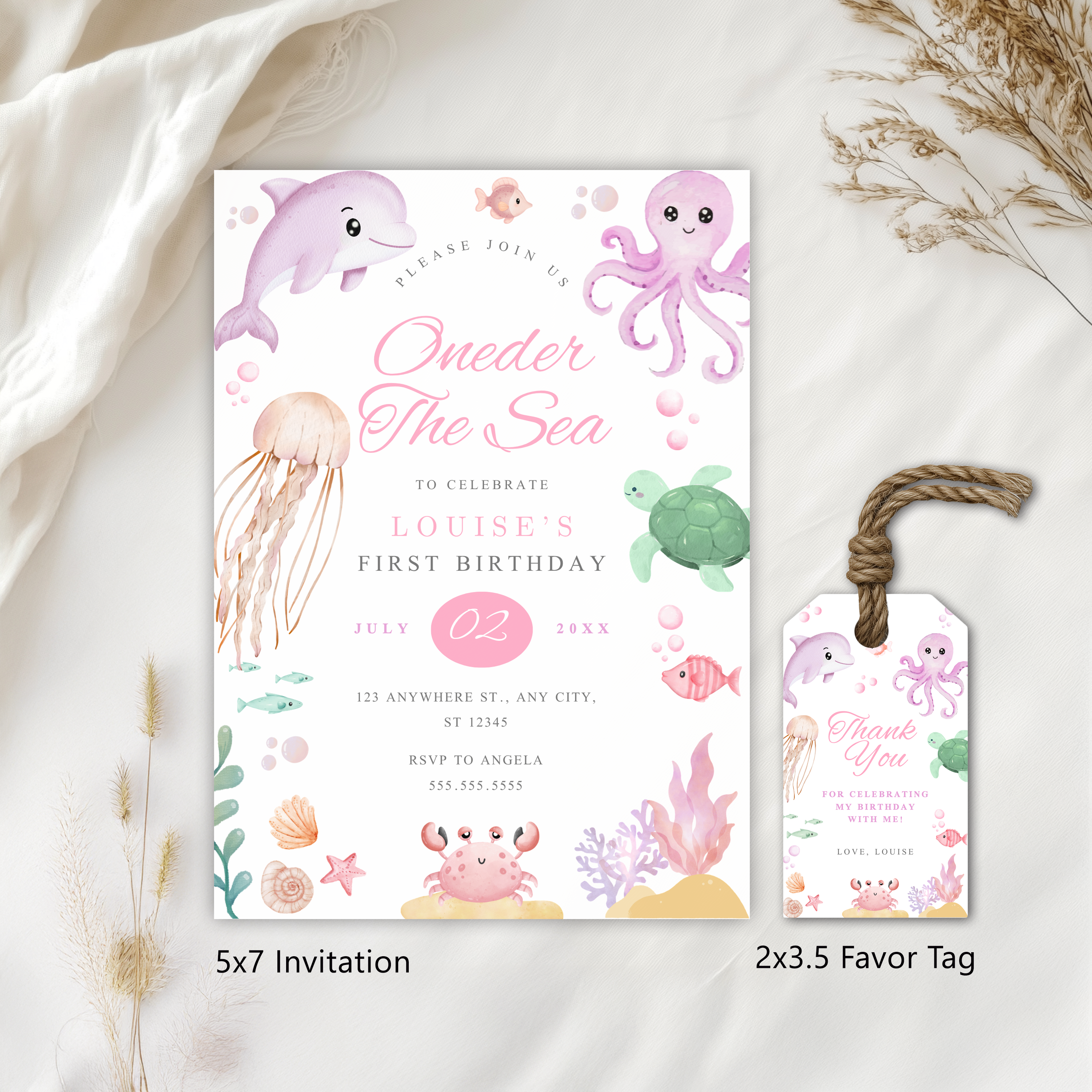 Oneder the Sea Pink Invitation Printable, 1st Birthday Under the Sea Ocean Invite 9180
