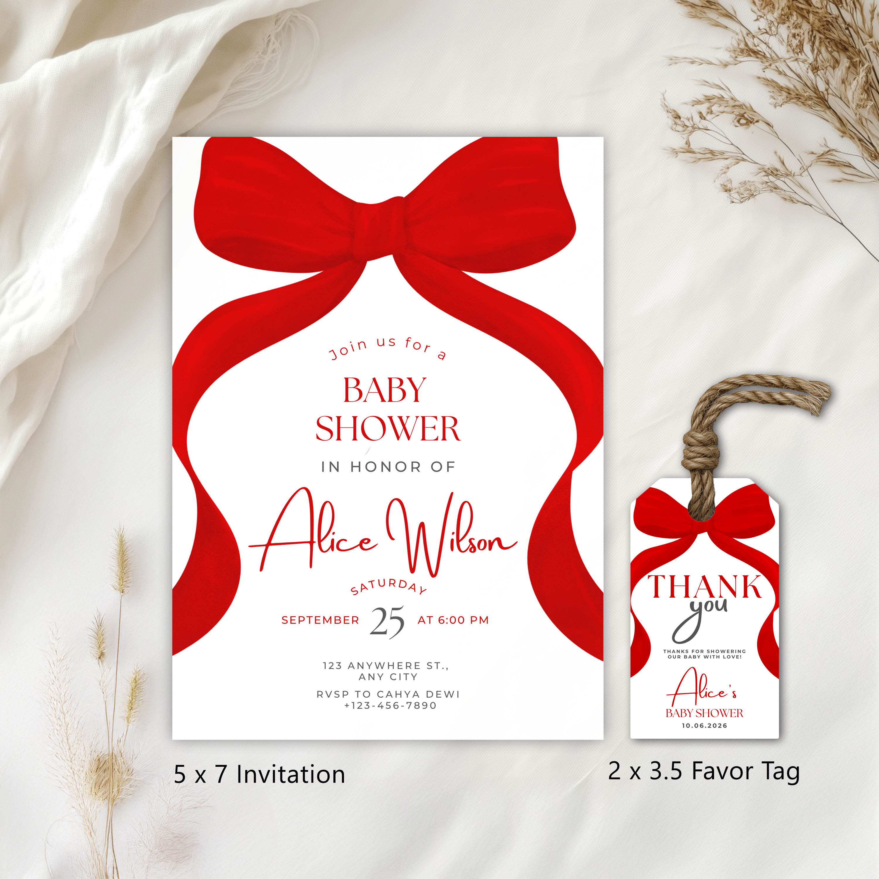Red Bow Baby Shower Invitation, Gender Neutral Coquette Baby Party Invite 9301