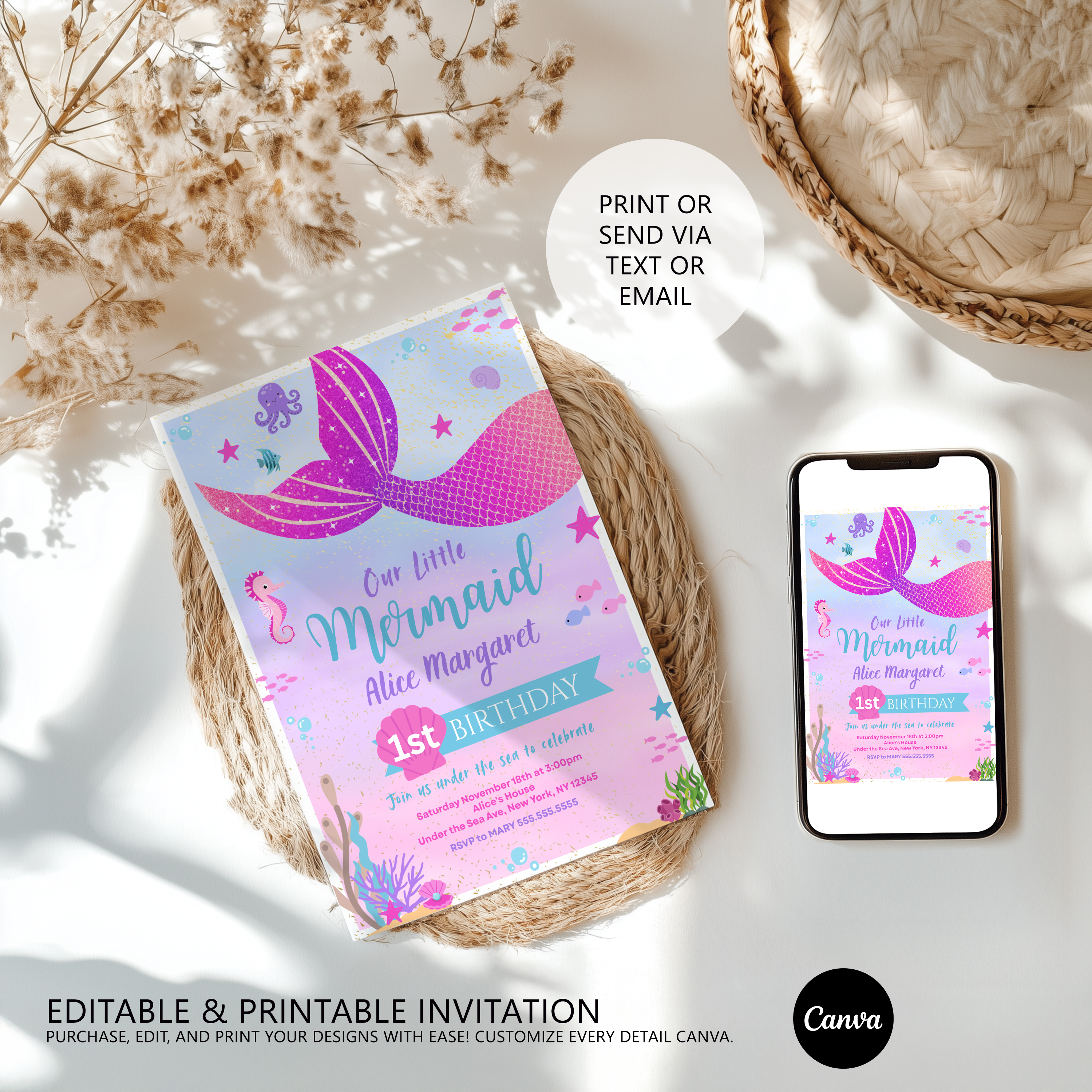 Mermaid First Birthday Invitation, Mermaid Birthday Invite, Mermaid First Birthday, 1st Birthday Girl, Mermaid 1st Birthday Invitation, 9168