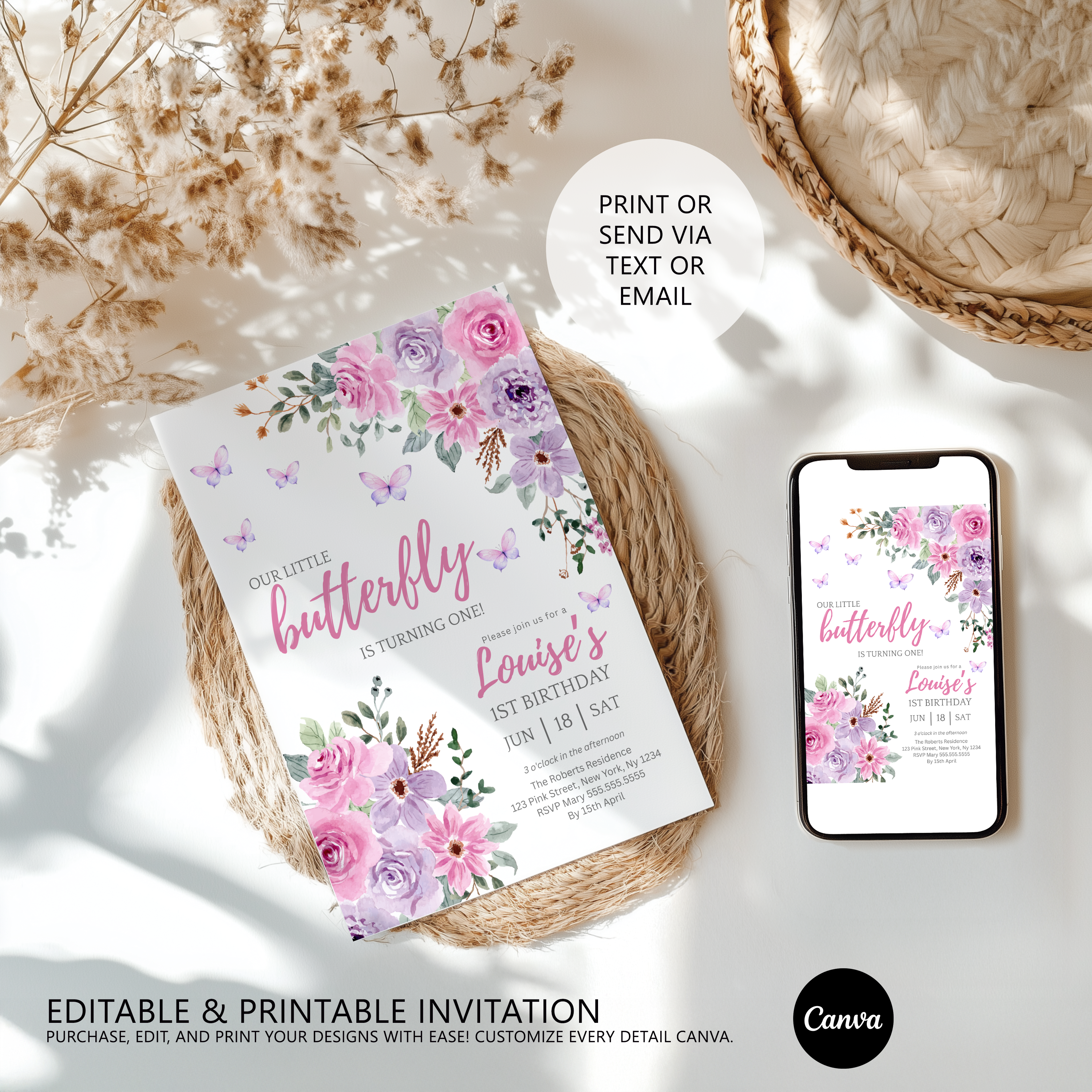 Butterfly Invitation , Purple Flowers 1st Birthday Invite 9194