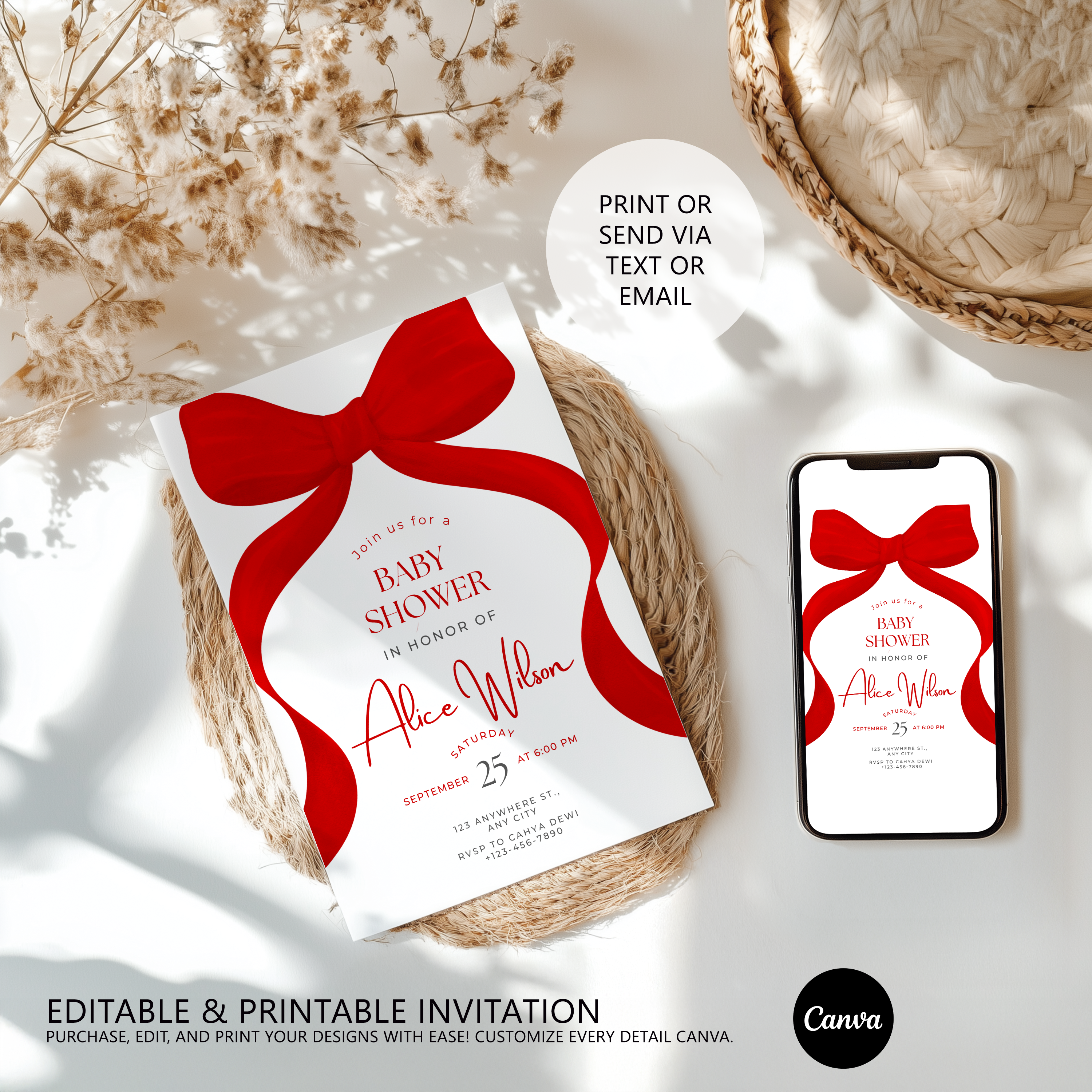 Red Bow Baby Shower Invitation, Gender Neutral Coquette Baby Party Invite 9301