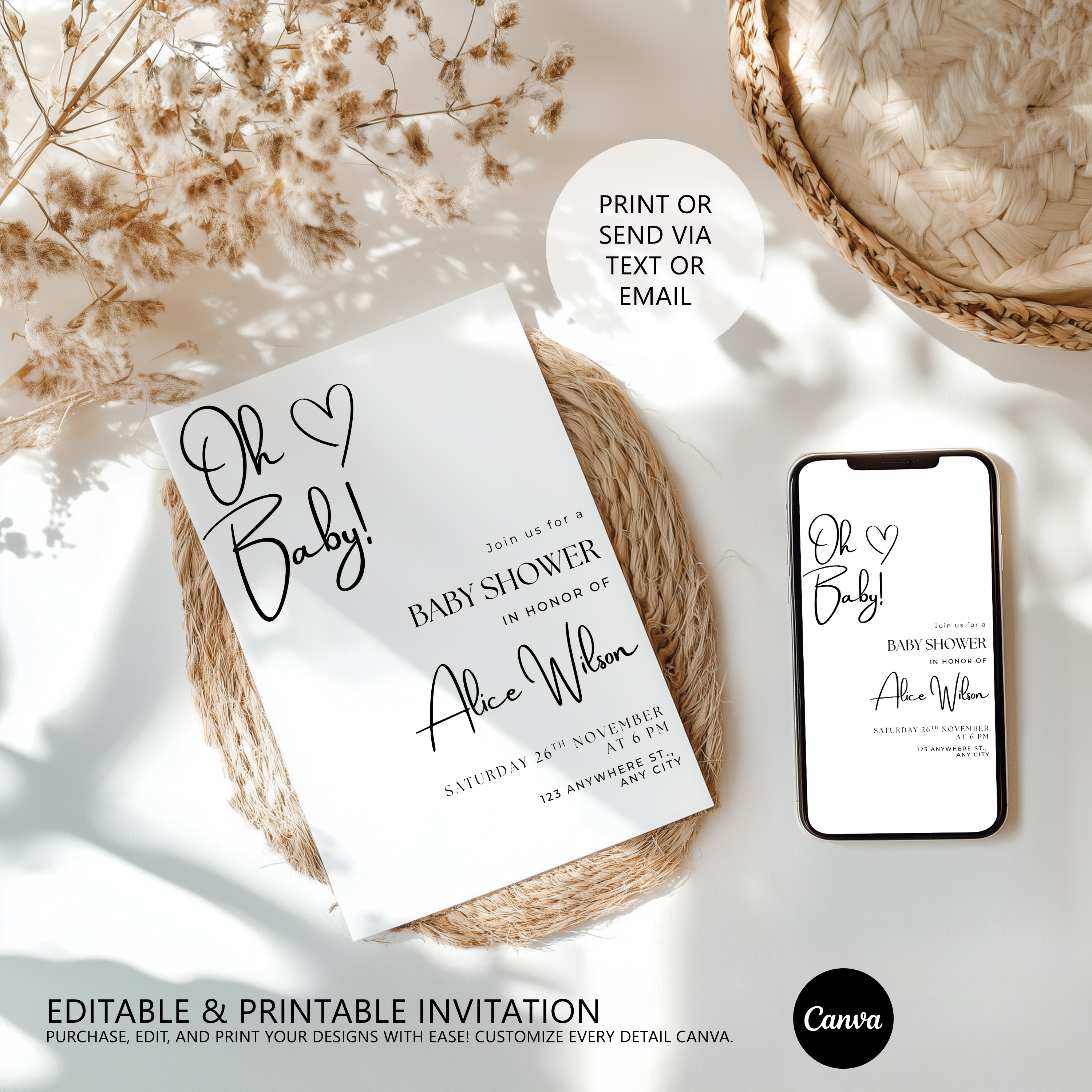 Minimalist Baby Shower Invitation, Gender Neutral, Modern Elegant Baby Party Invite 9302