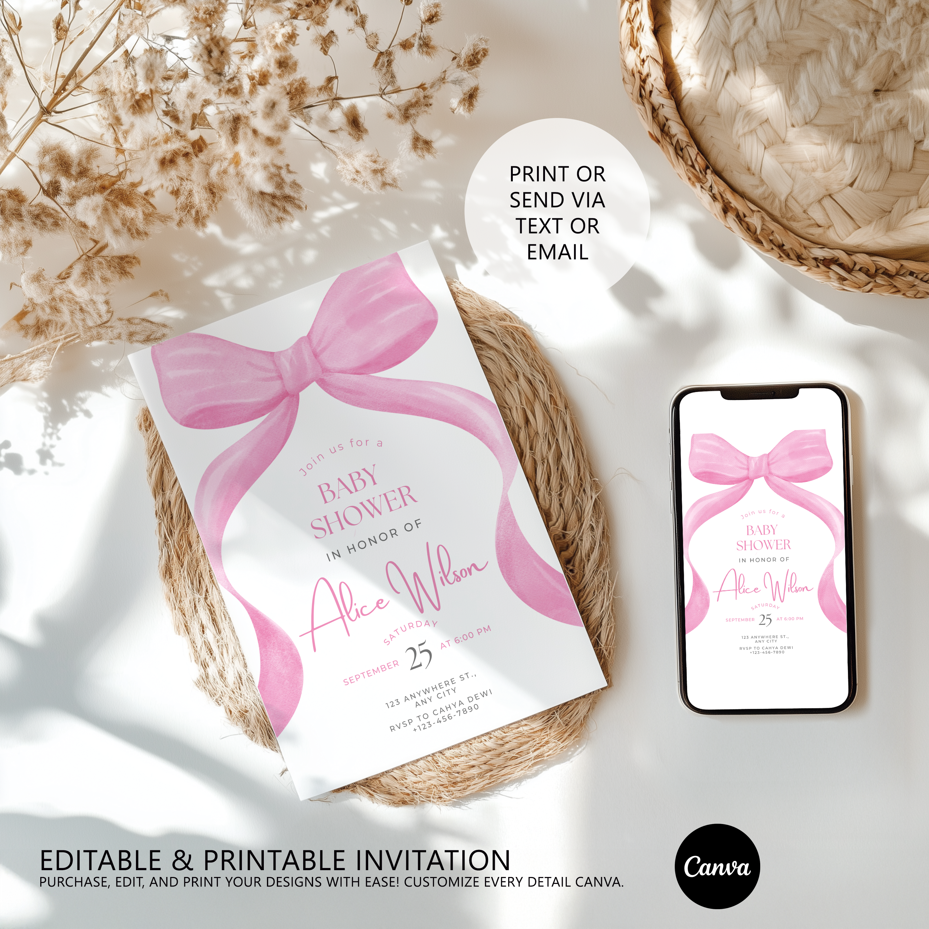 Pink Bow Baby Shower Invitation, Baby Girl, Coquette Baby Party Invite 9303