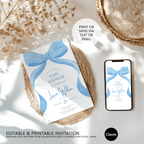 Blue bow Baby Shower Invitation, Baby Party Invite 9304