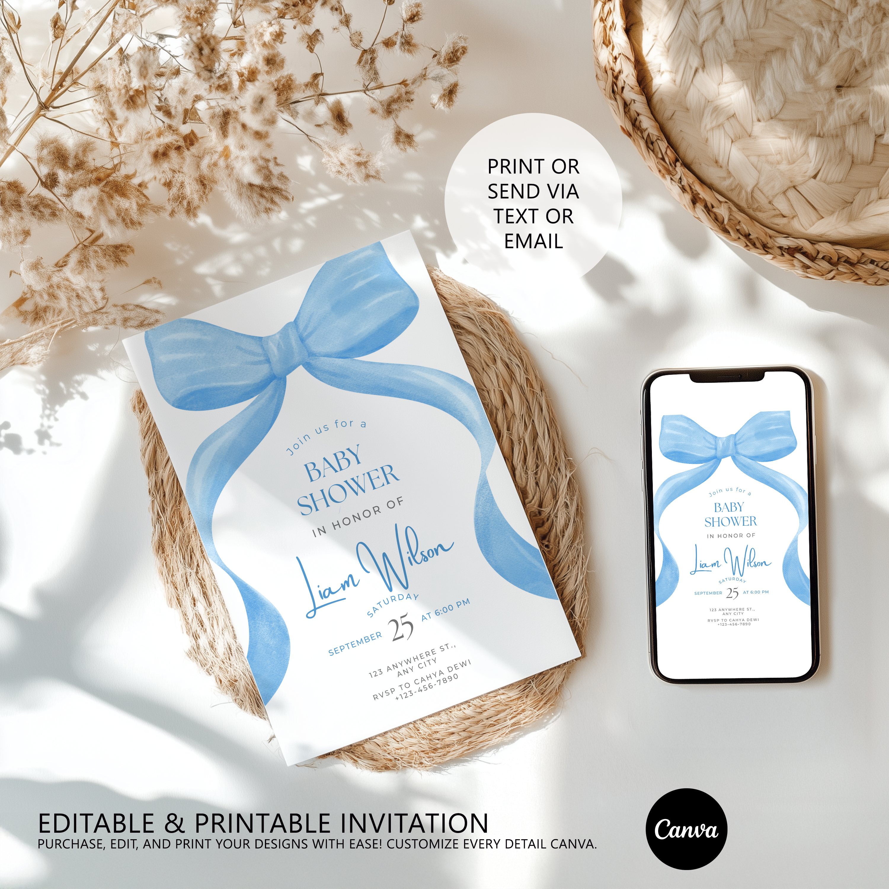 Blue bow Baby Shower Invitation, Baby Party Invite 9304