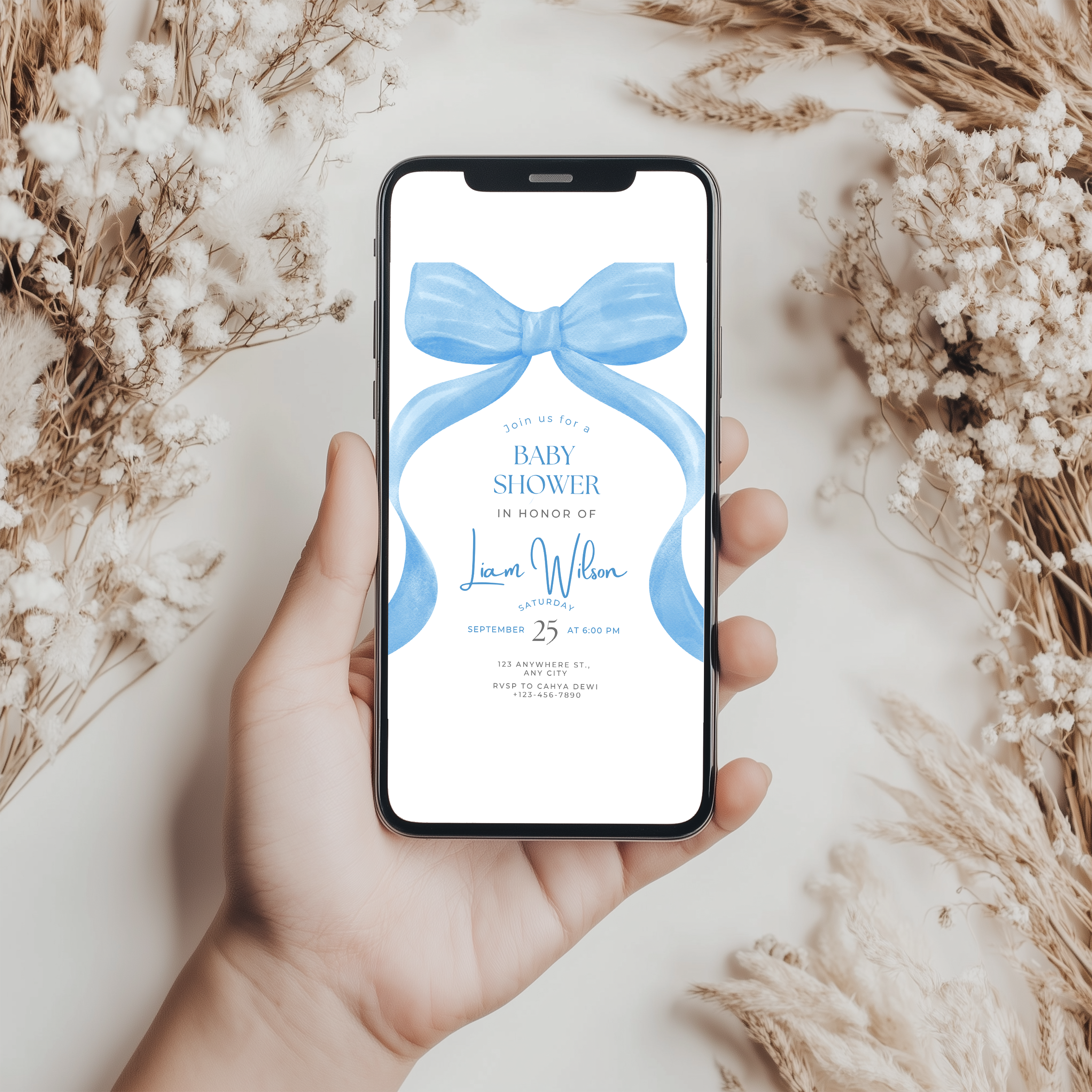 Blue bow Baby Shower Invitation, Baby Party Invite 9304