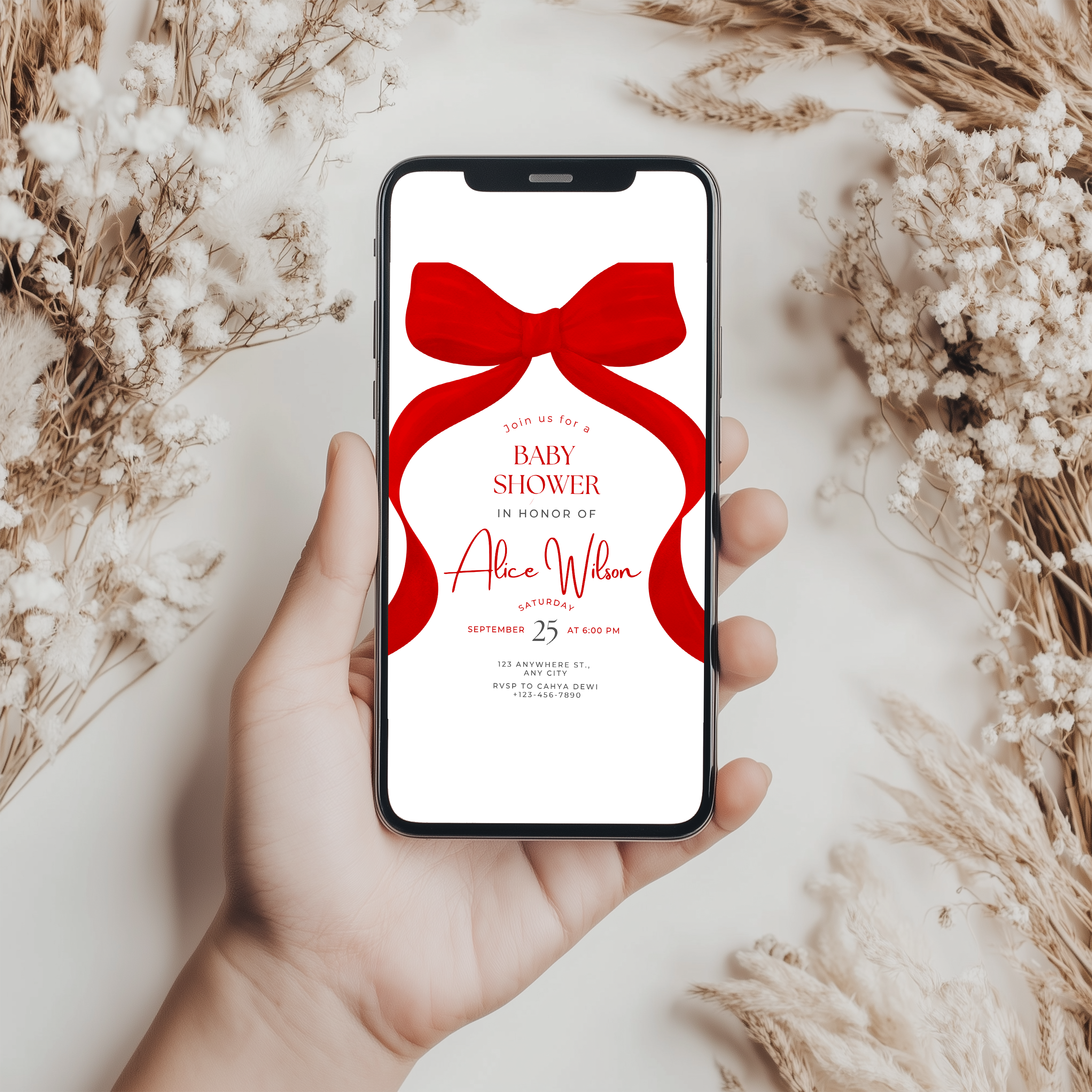 Red Bow Baby Shower Invitation, Gender Neutral Coquette Baby Party Invite 9301