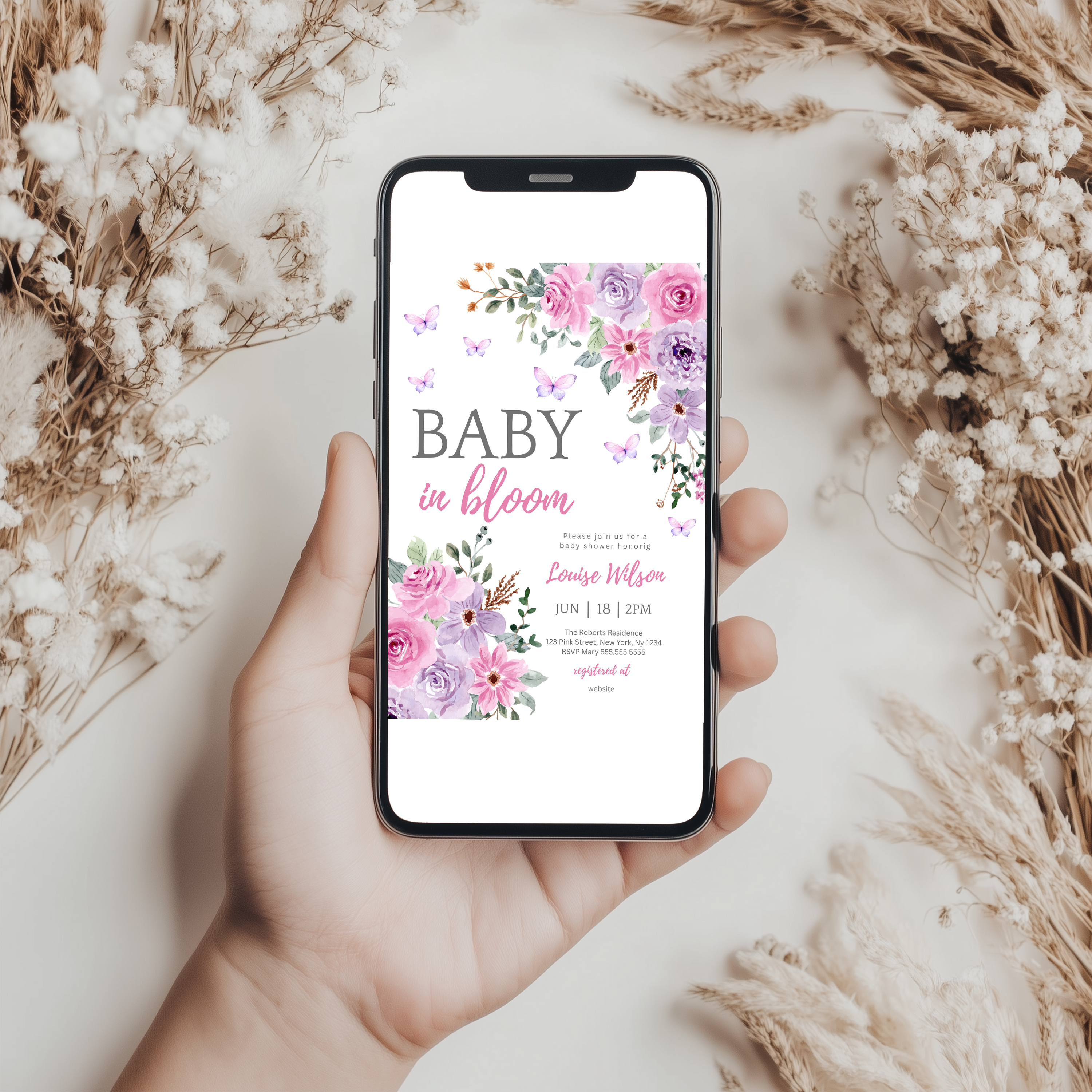 Baby in Bloom Invitation, Butterfly Baby Shower Invite Girl, Pink Purple Butterflies Wildflower 9196