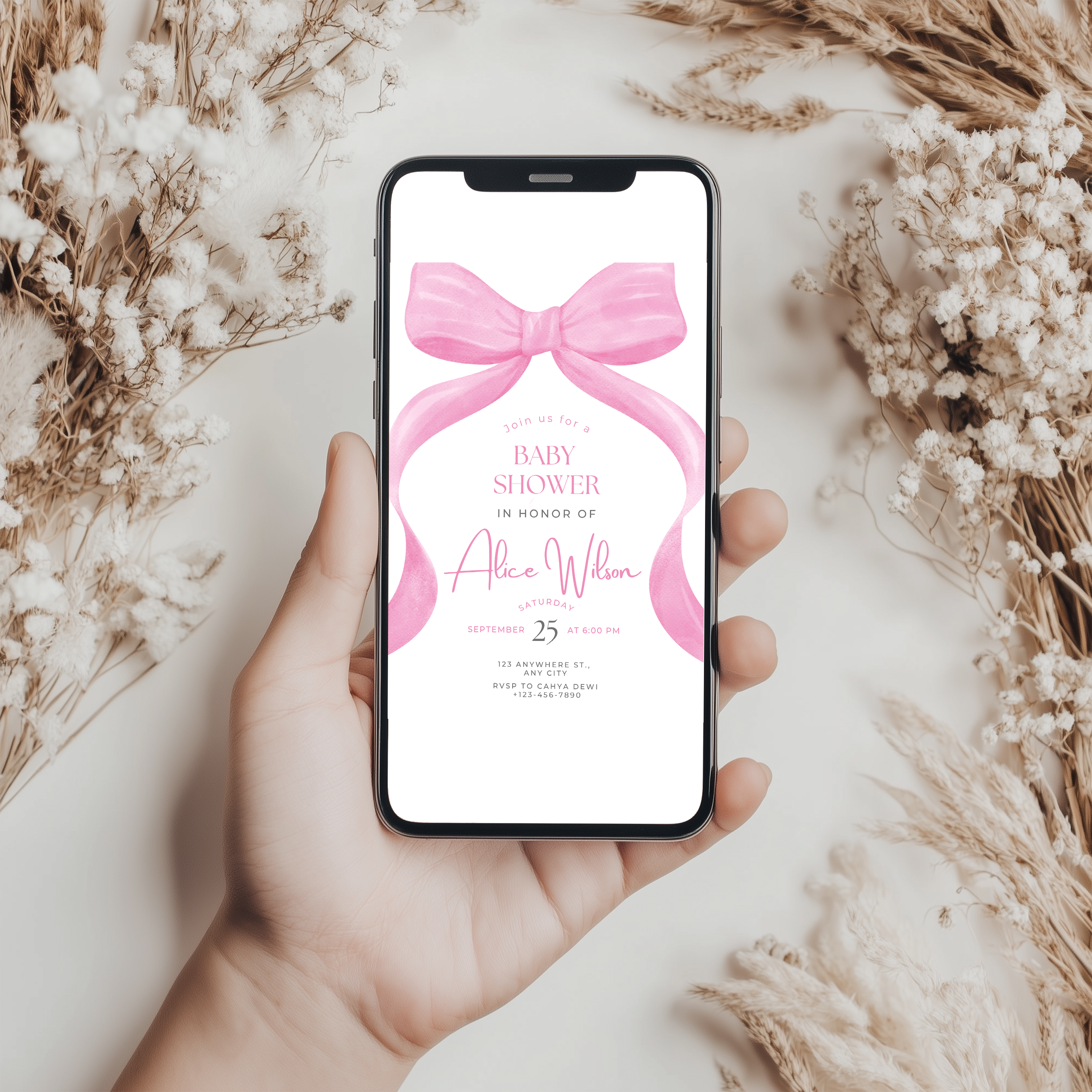Pink Bow Baby Shower Invitation, Baby Girl, Coquette Baby Party Invite 9303