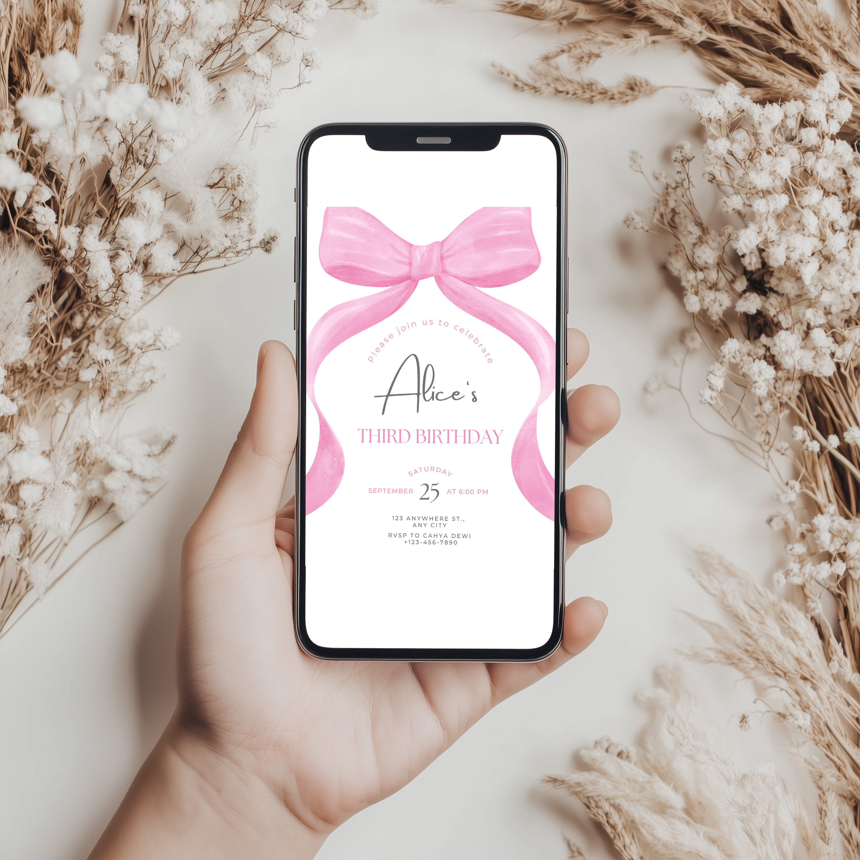 Editable Pink Bow Invitation, Pink Bow Birthday Invitations, Coquette Party Invite, Printable template download 9158