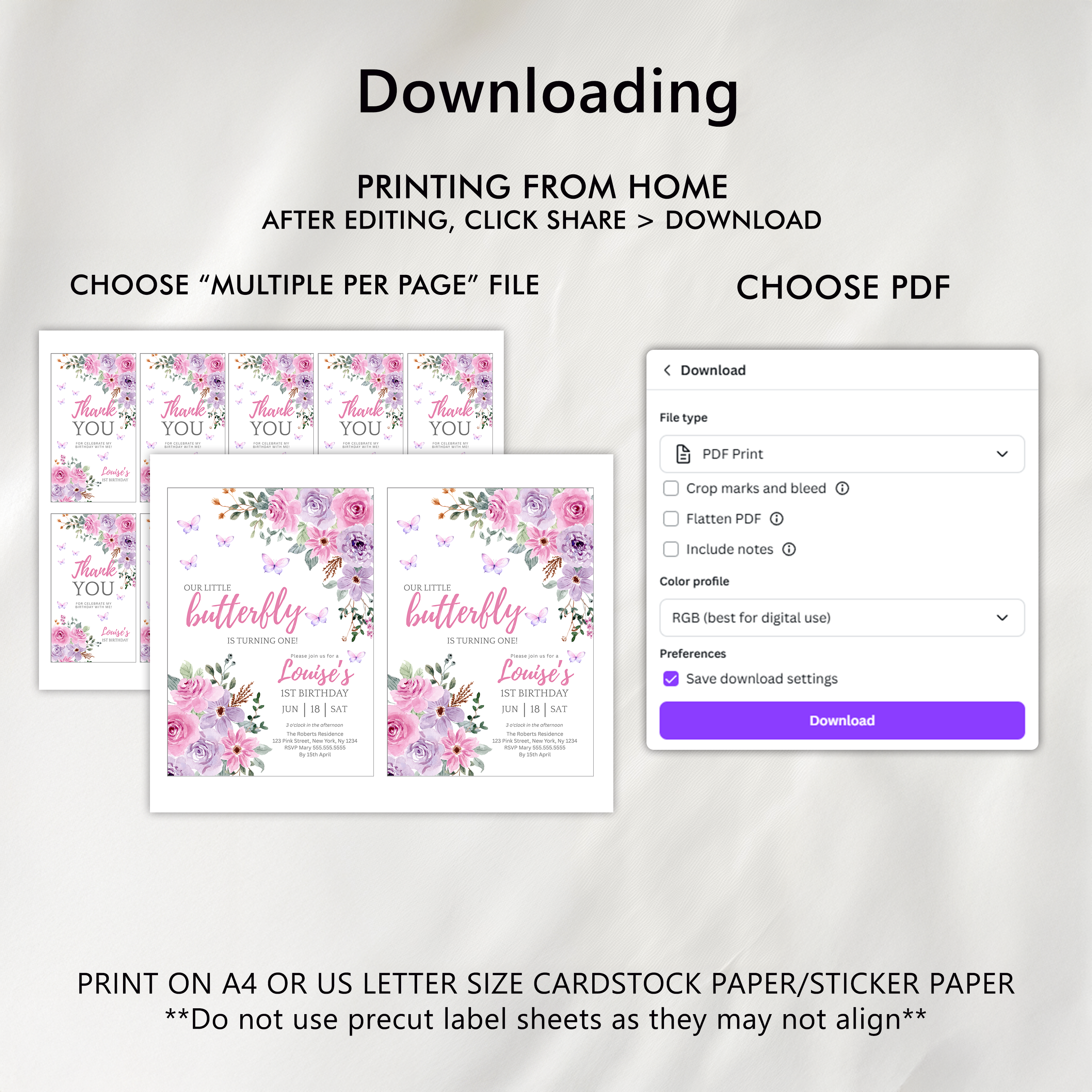 Butterfly Invitation , Purple Flowers 1st Birthday Invite 9194