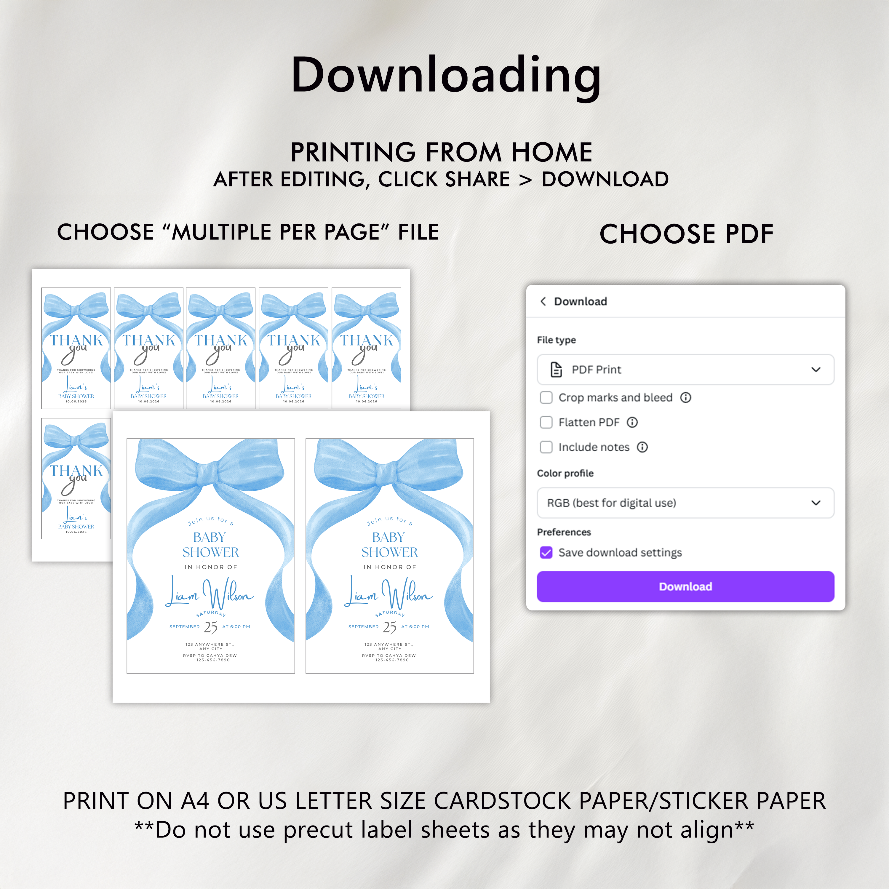 Blue bow Baby Shower Invitation, Baby Party Invite 9304