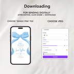Blue bow Baby Shower Invitation, Baby Party Invite 9304