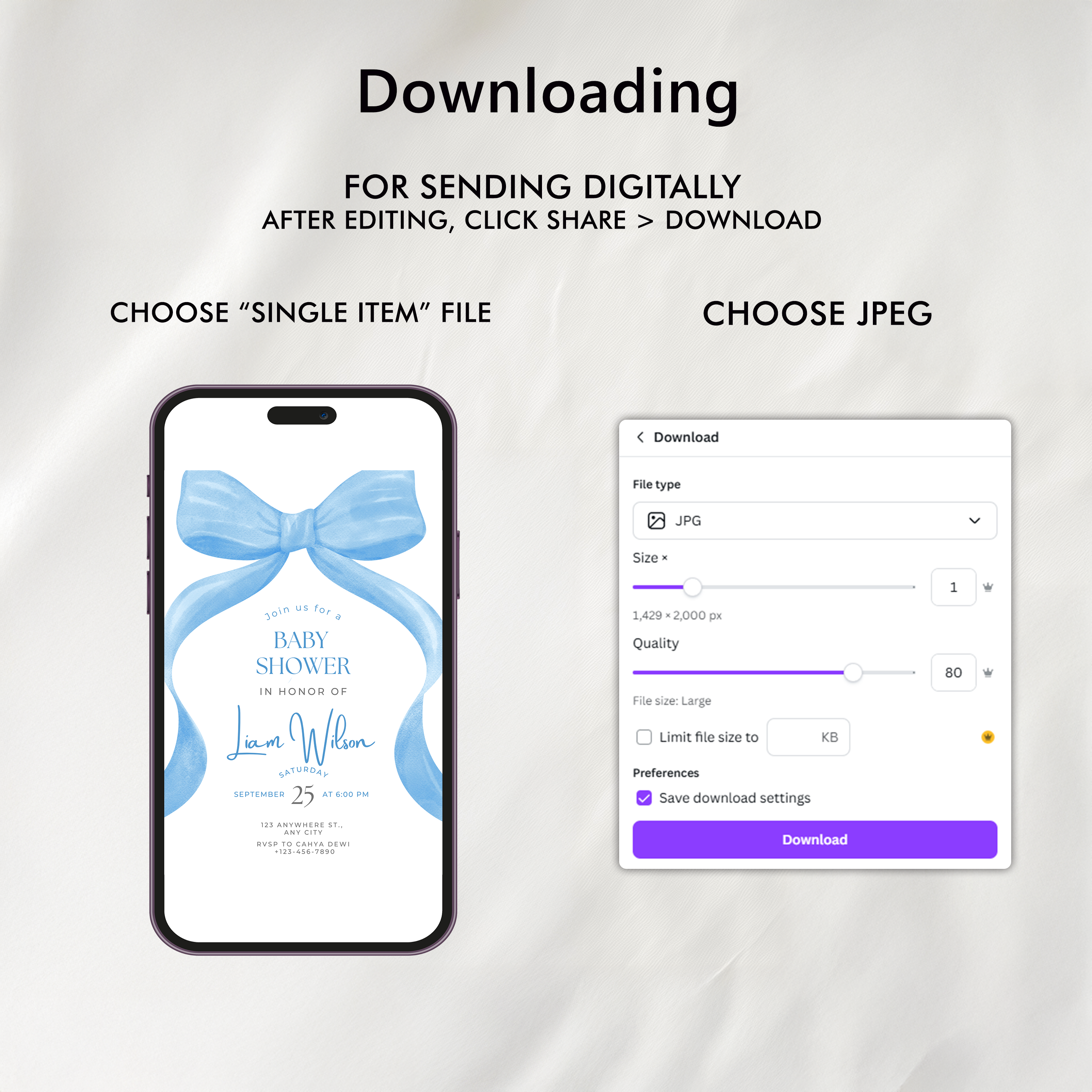 Blue bow Baby Shower Invitation, Baby Party Invite 9304