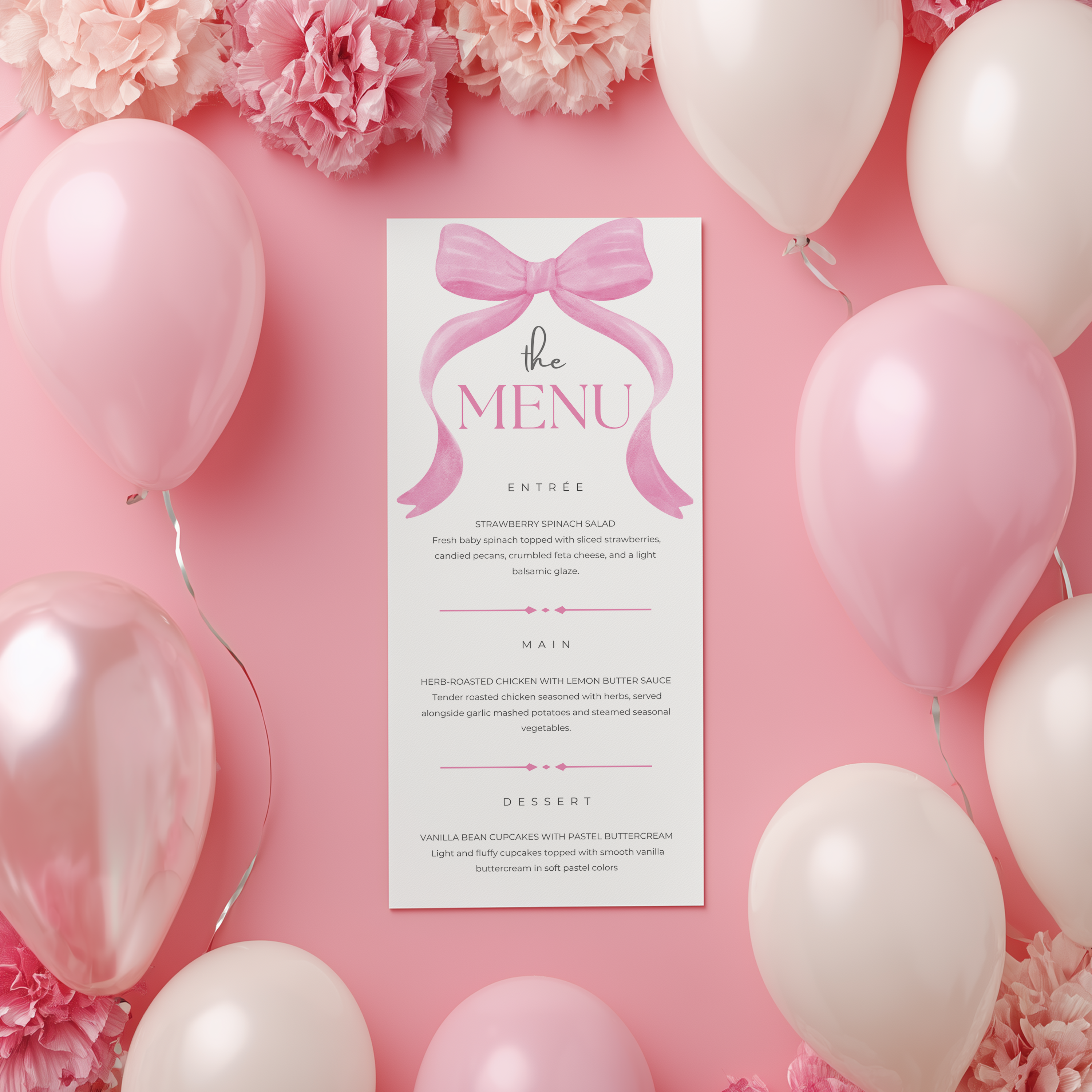 Pink Bow Menu Template, Coquette Printable Editable Menu 9303