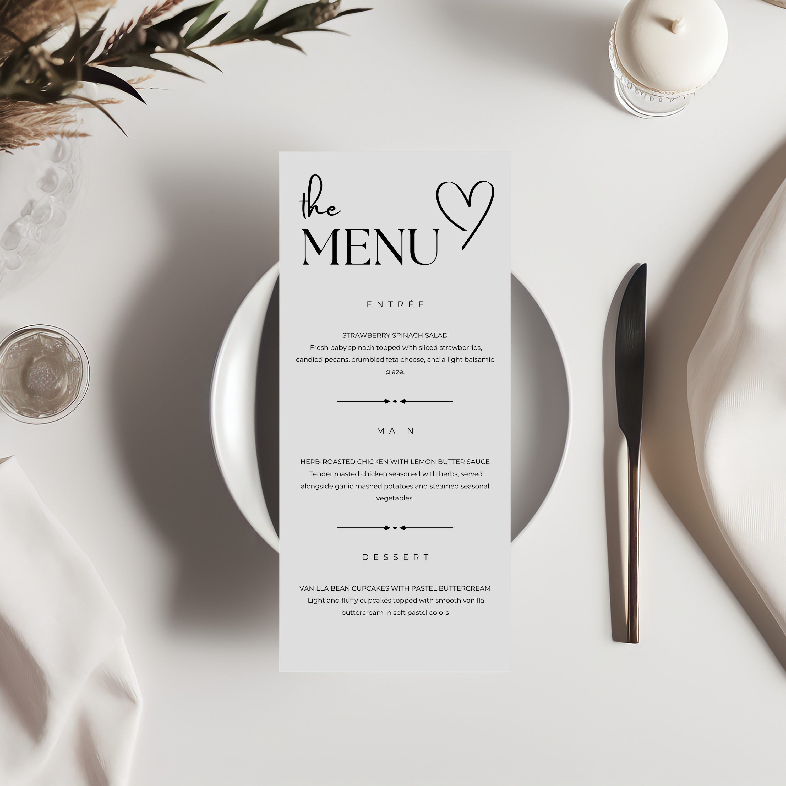 Minimalist Menu Template, Minimal Elegant Modern Printable Editable Menu 9302