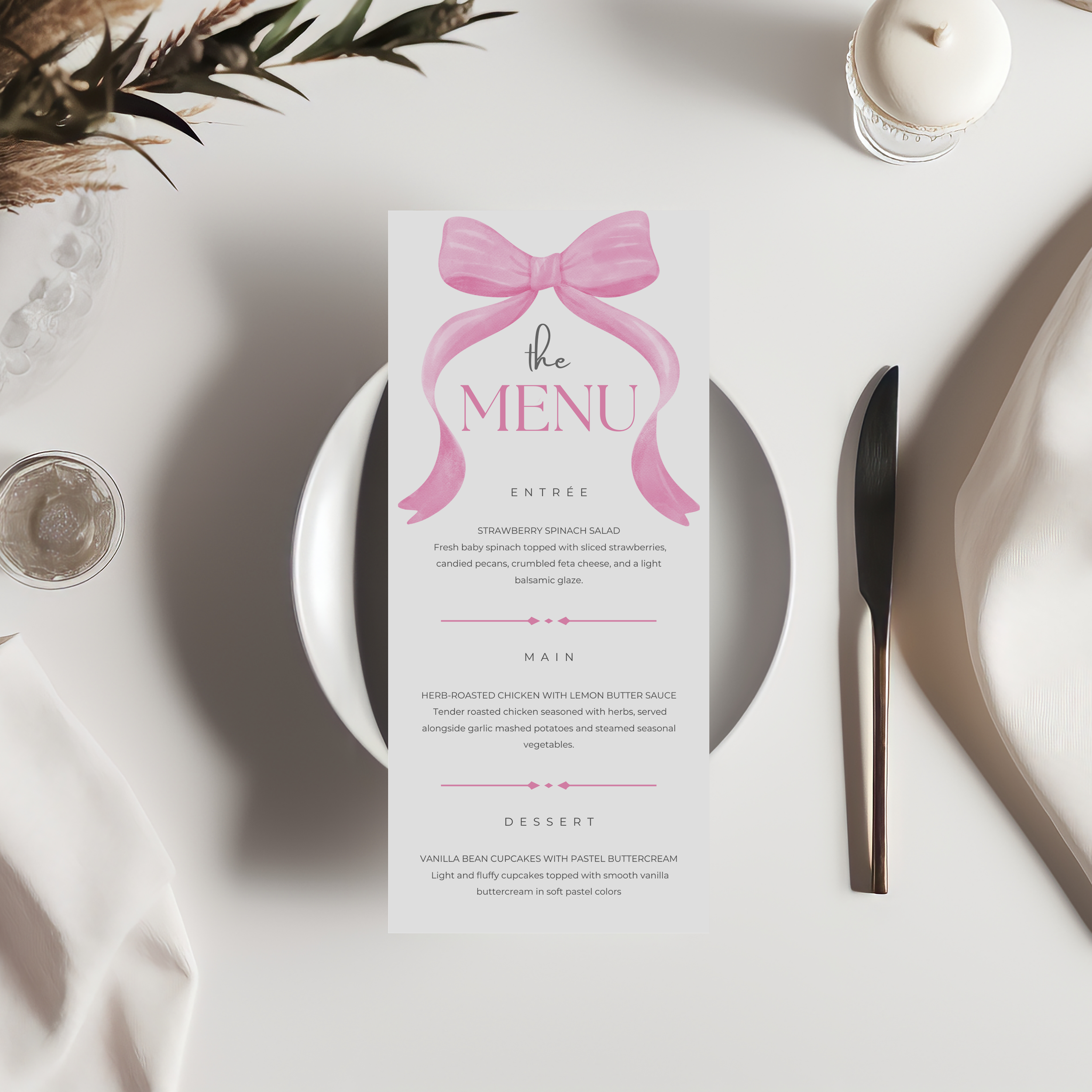 Pink Bow Menu Template, Coquette Printable Editable Menu 9303