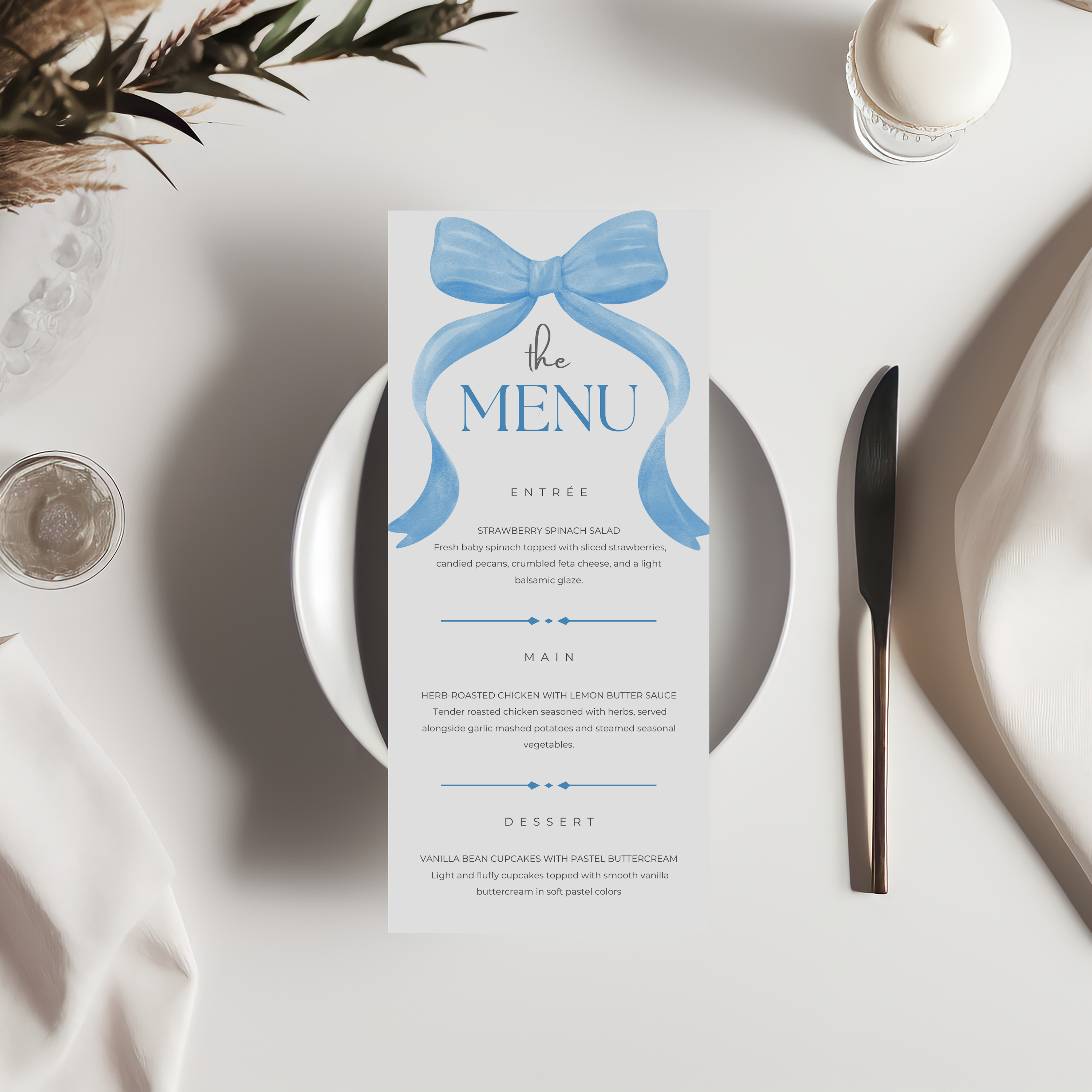 Blue Bow Menu Template, Printable Editable Menu 9304