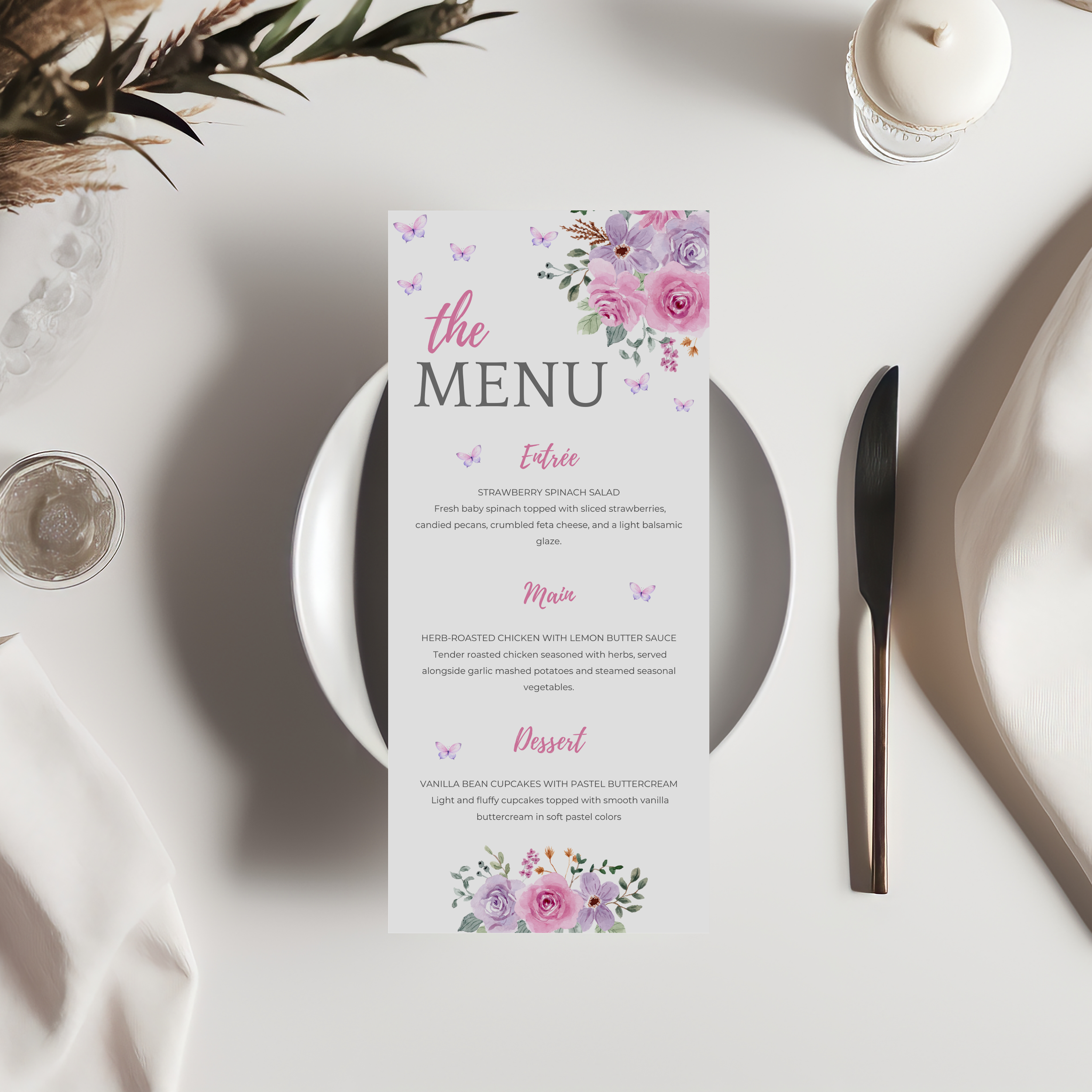Baby in Bloom Menu Template, Butterfly Baby Shower Printable Editable 9196